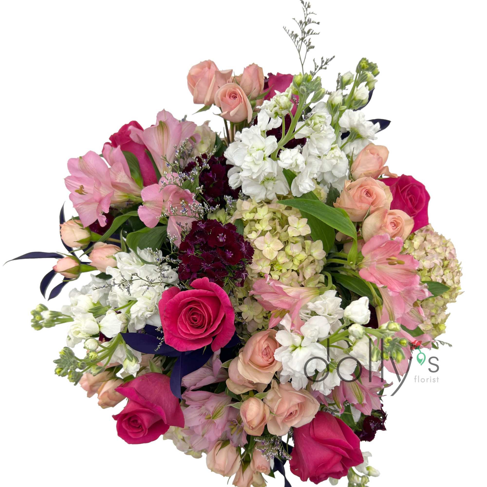 Highlights two shades of pink with roses and dianthus, accented by deep