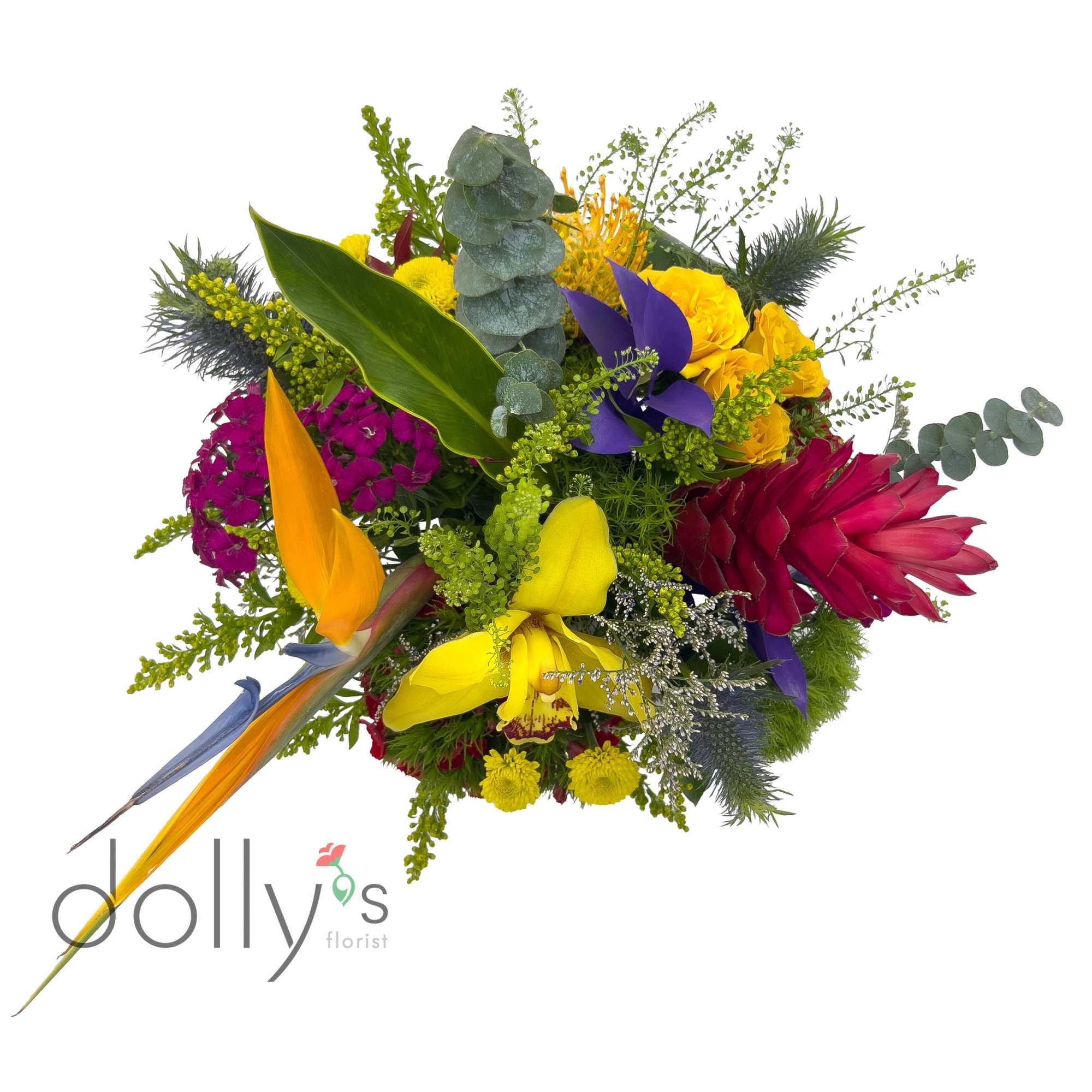 A lush centerpiece held in a small cube vase.