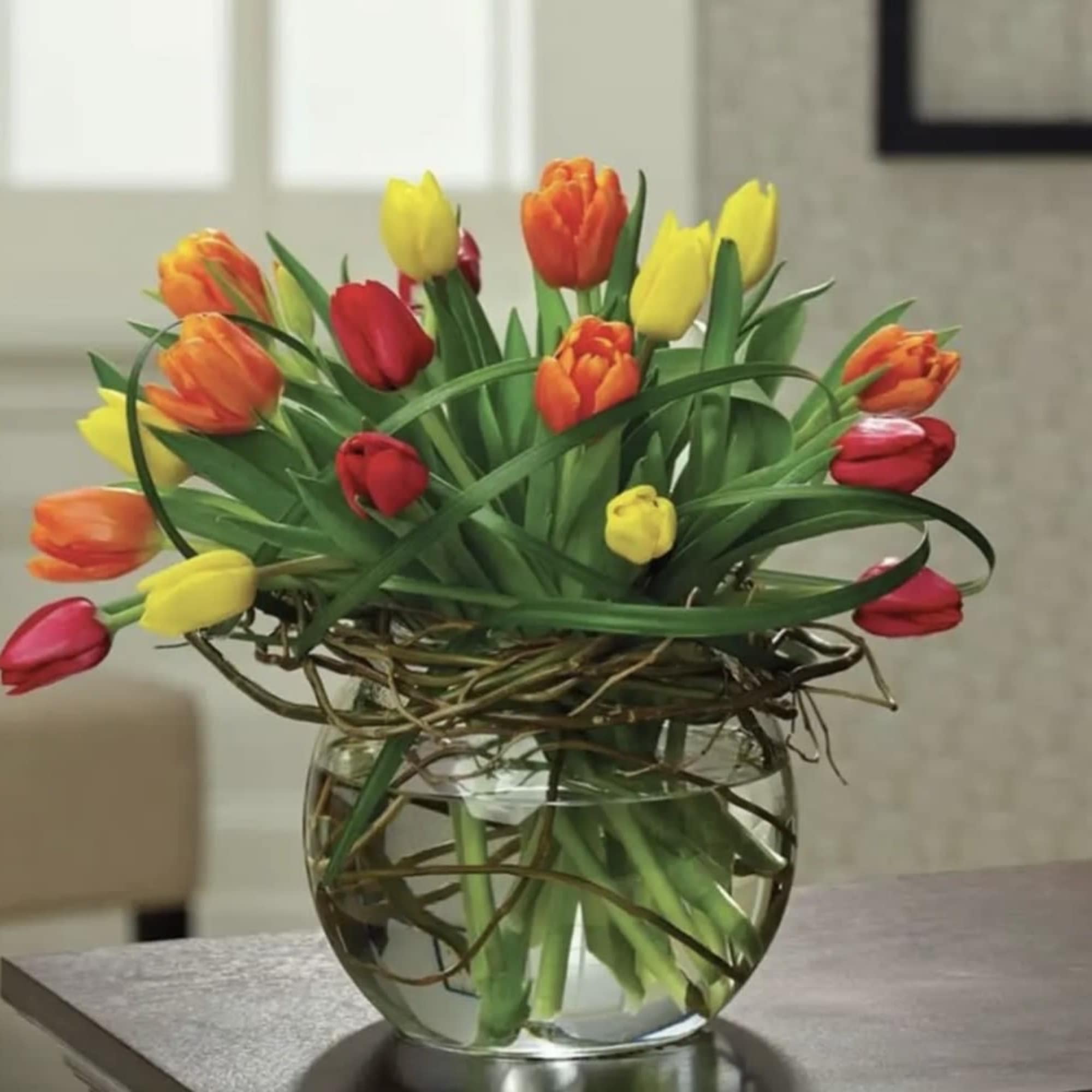 Looking for something simple and cheery? This bowl of tulips with filler
