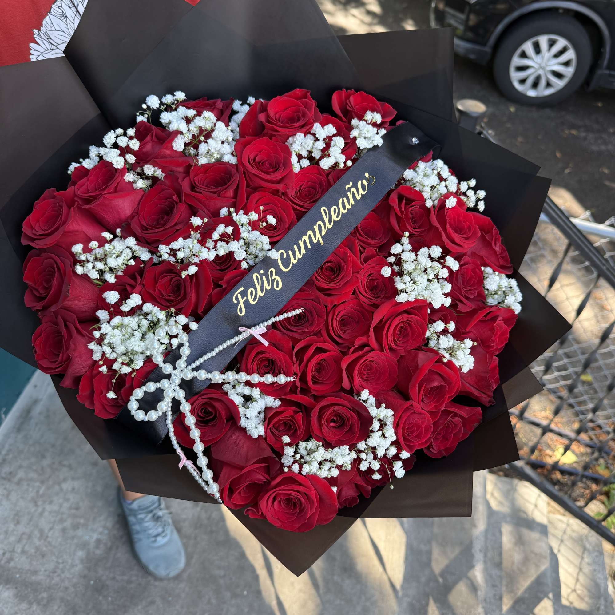 Amazing big bouquet of 50 red roses  with a touch of