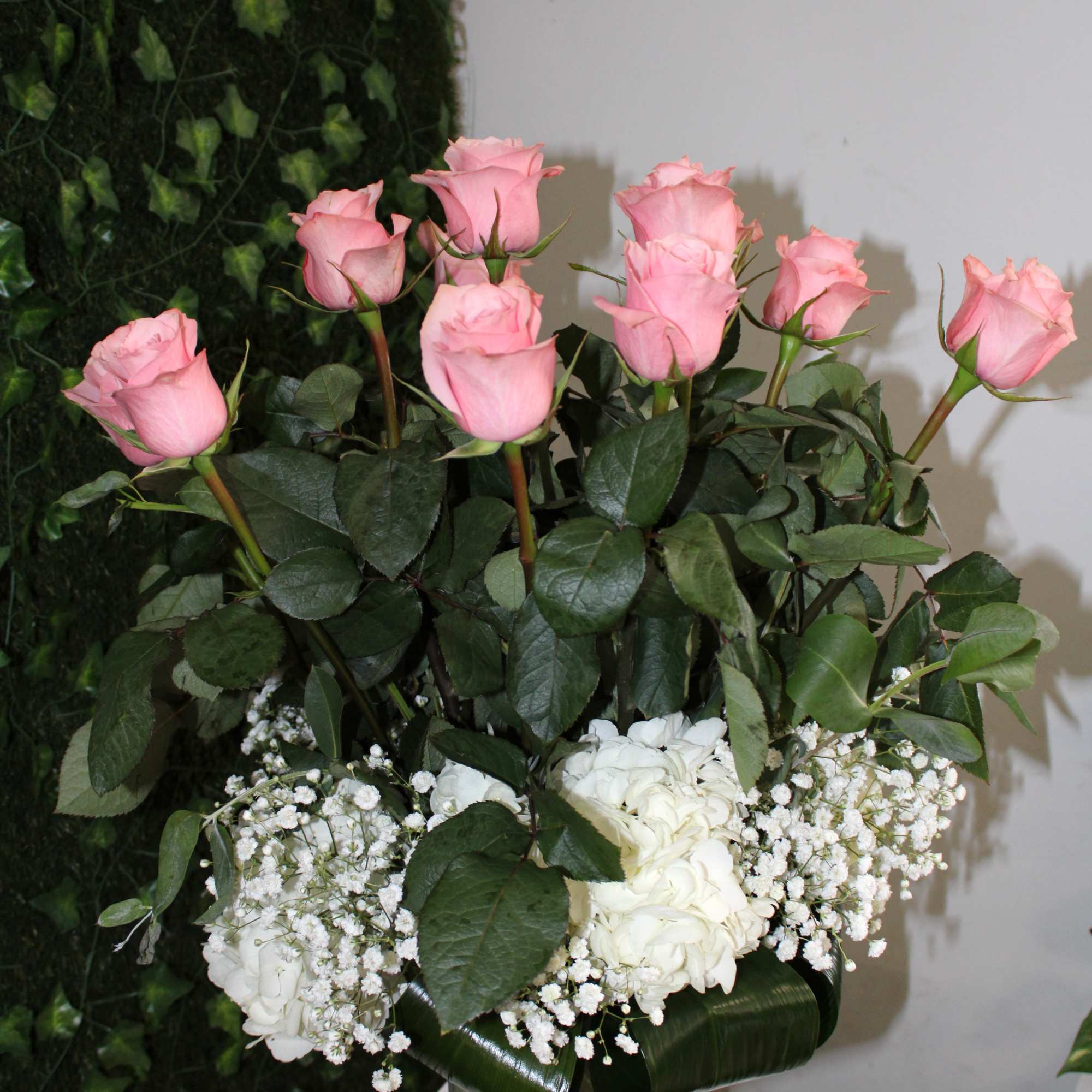 12 long stem light pink roses, white hydrangeas and white babies breathe