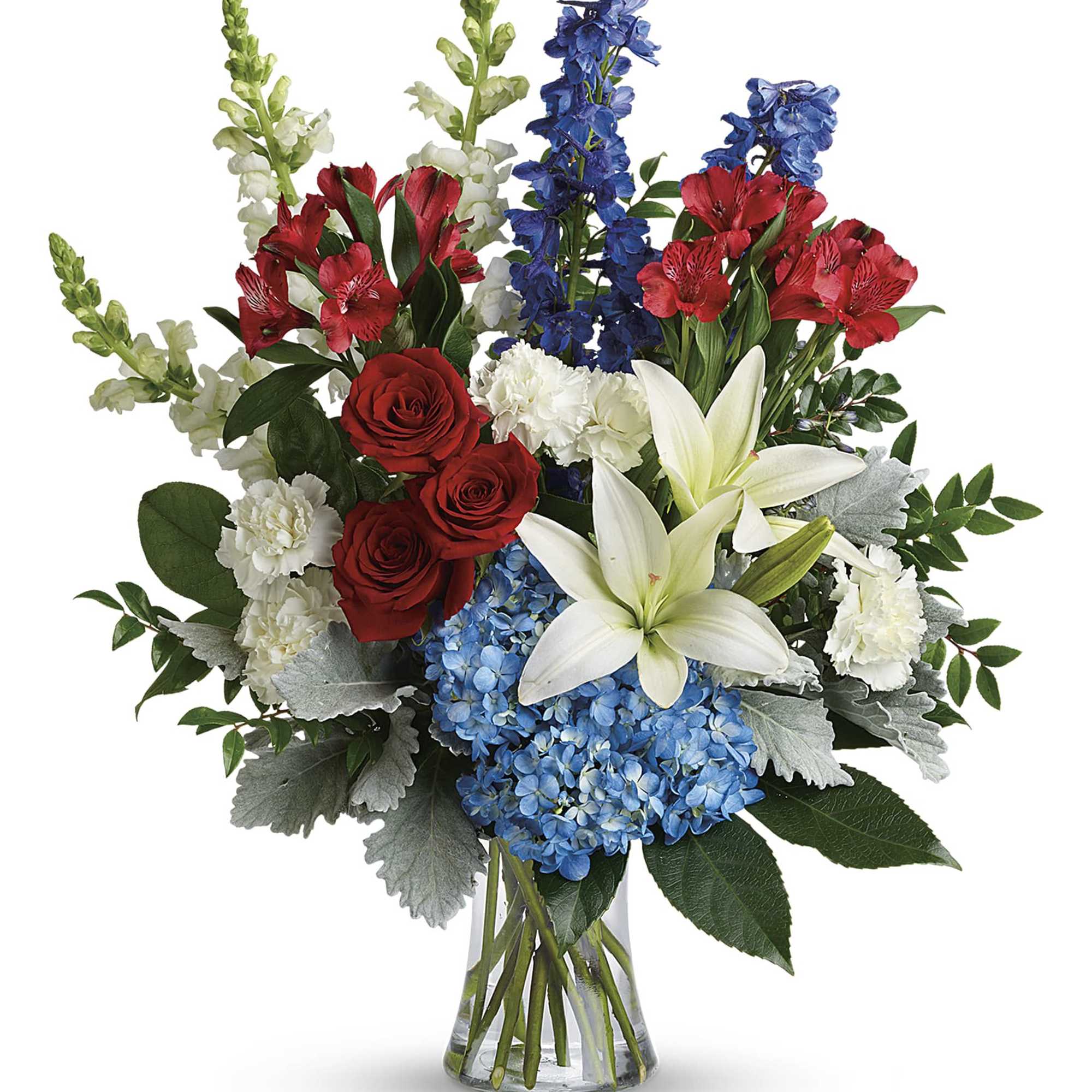 Perfectly patriotic with its red, white and blue blooms, this bold bouquet
