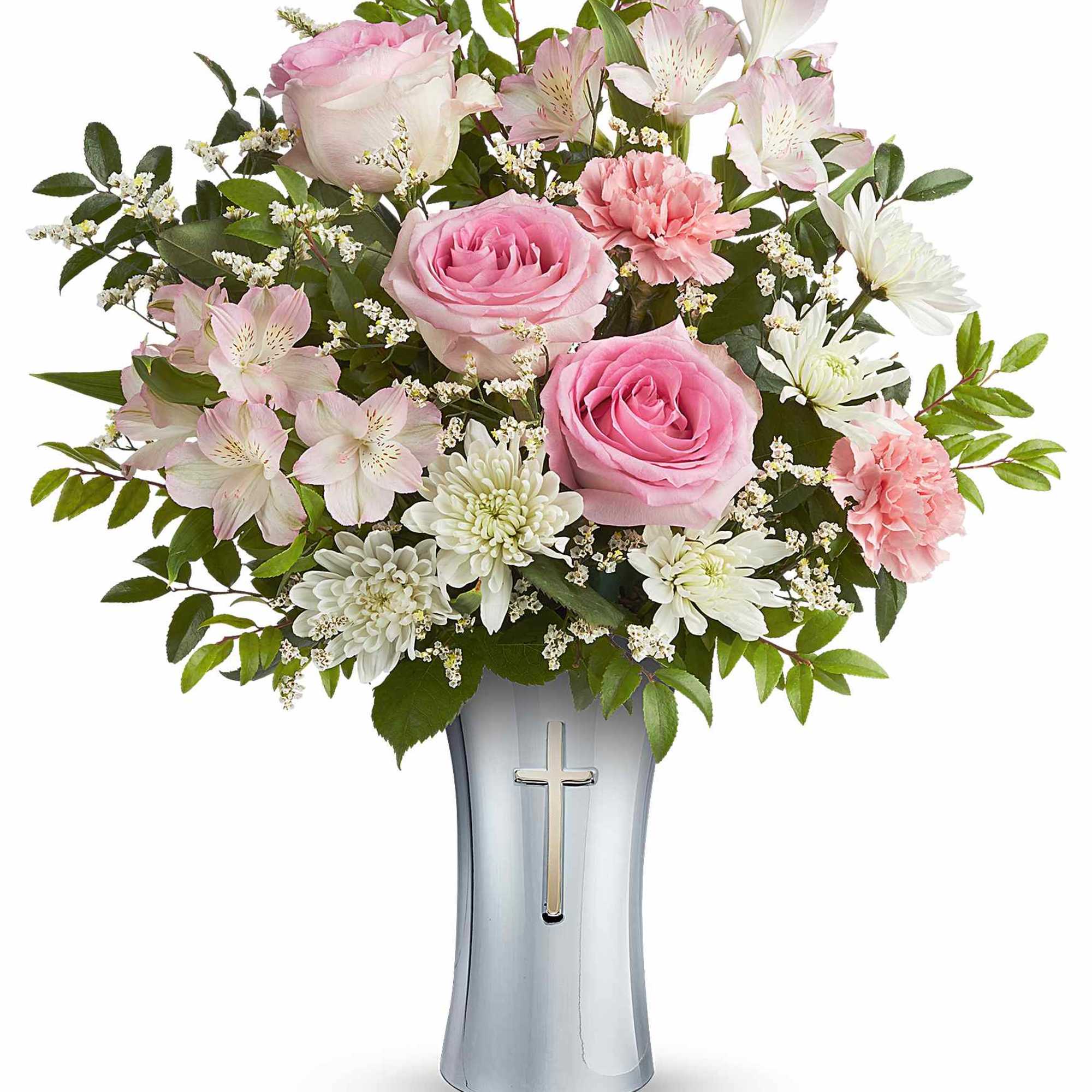 Soft and serene, this graceful bouquet of delicate pink and white blooms