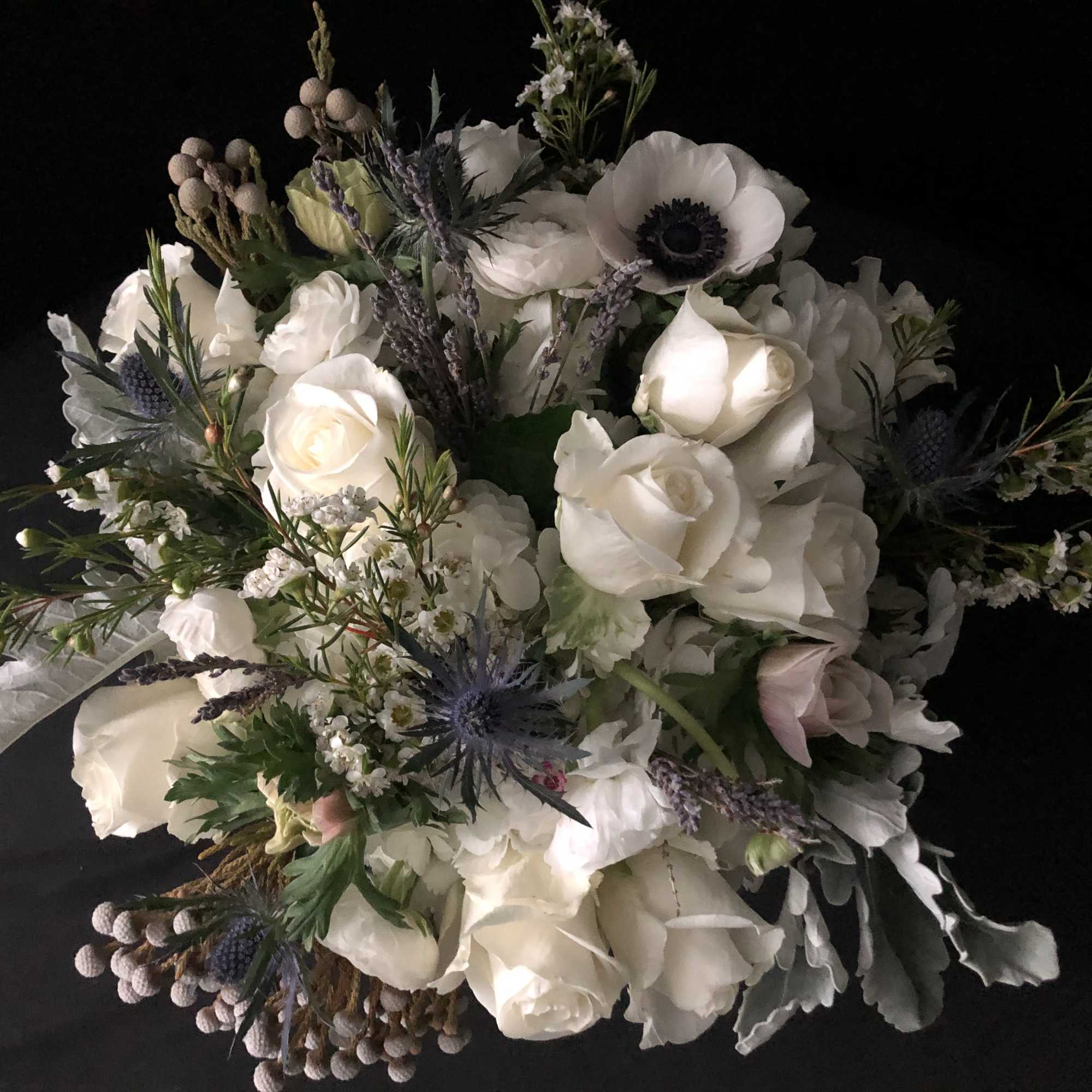  ***No specific delivery time available.****
You can expect white hydrangeas, roses, stock