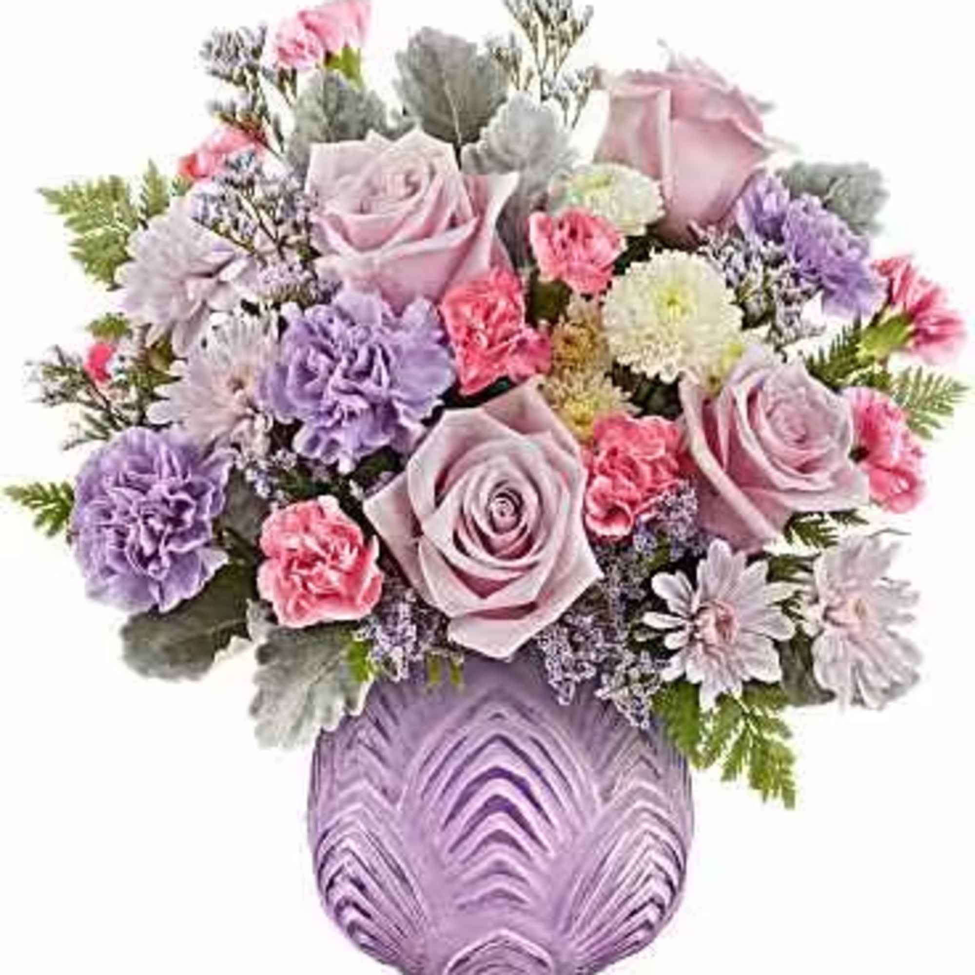Dreamy blooms! This stylish bouquet, featuring delicate pinks and shimmering lavenders, looks