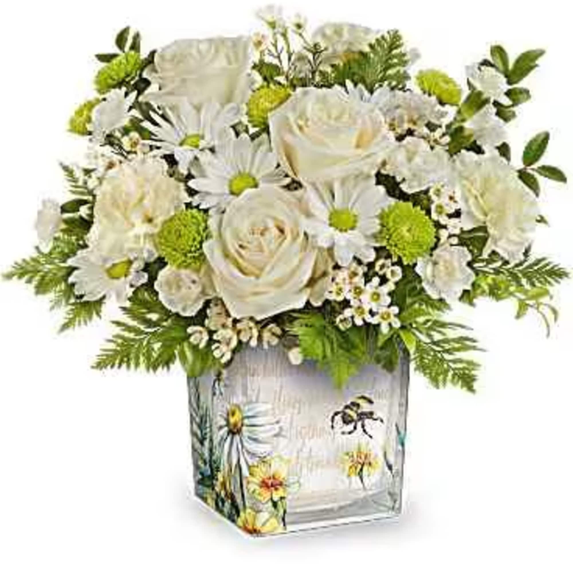 Celebrate them with this captivating white, light yellow, and green bouquet, elegantly