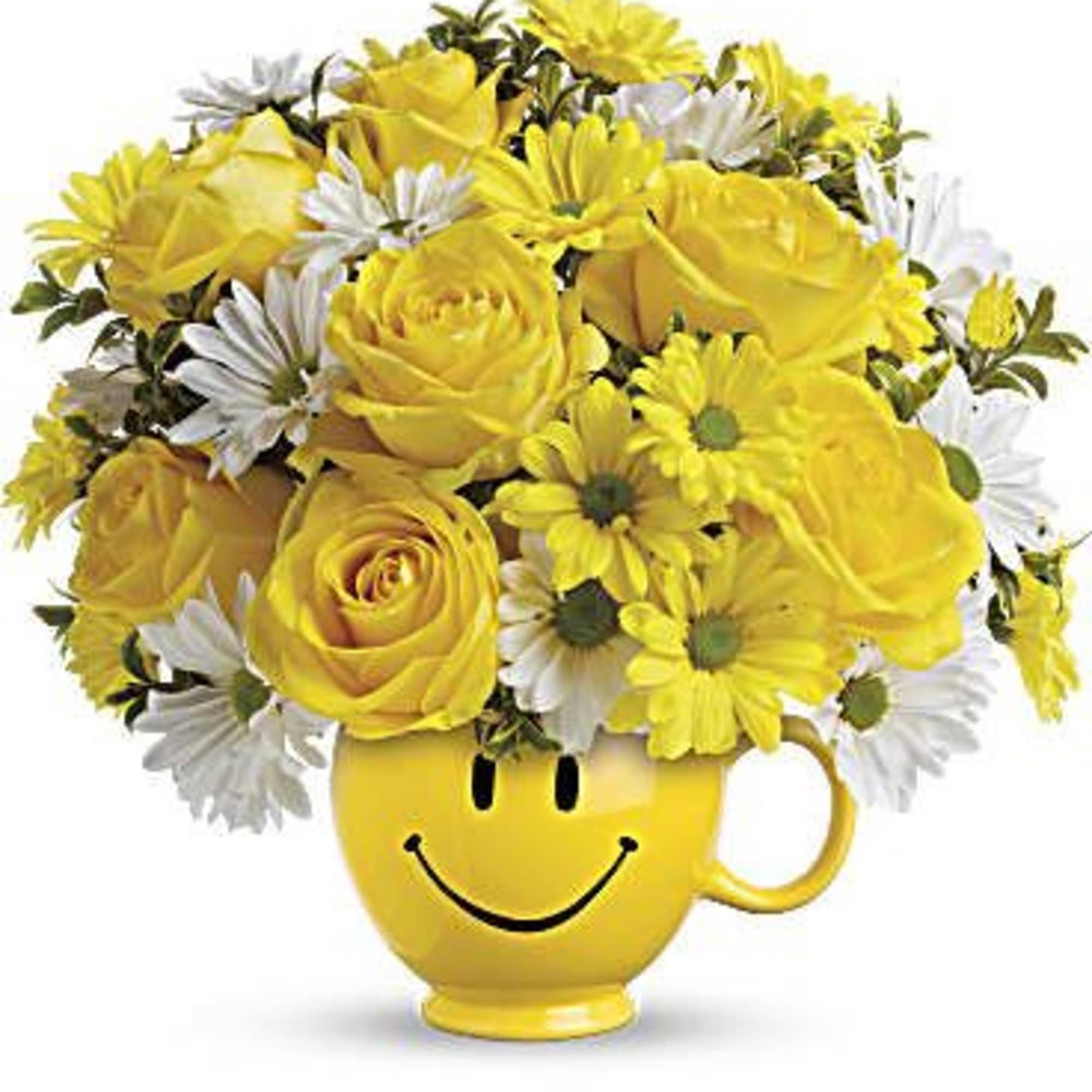 Happy face mug of roses and daisies.