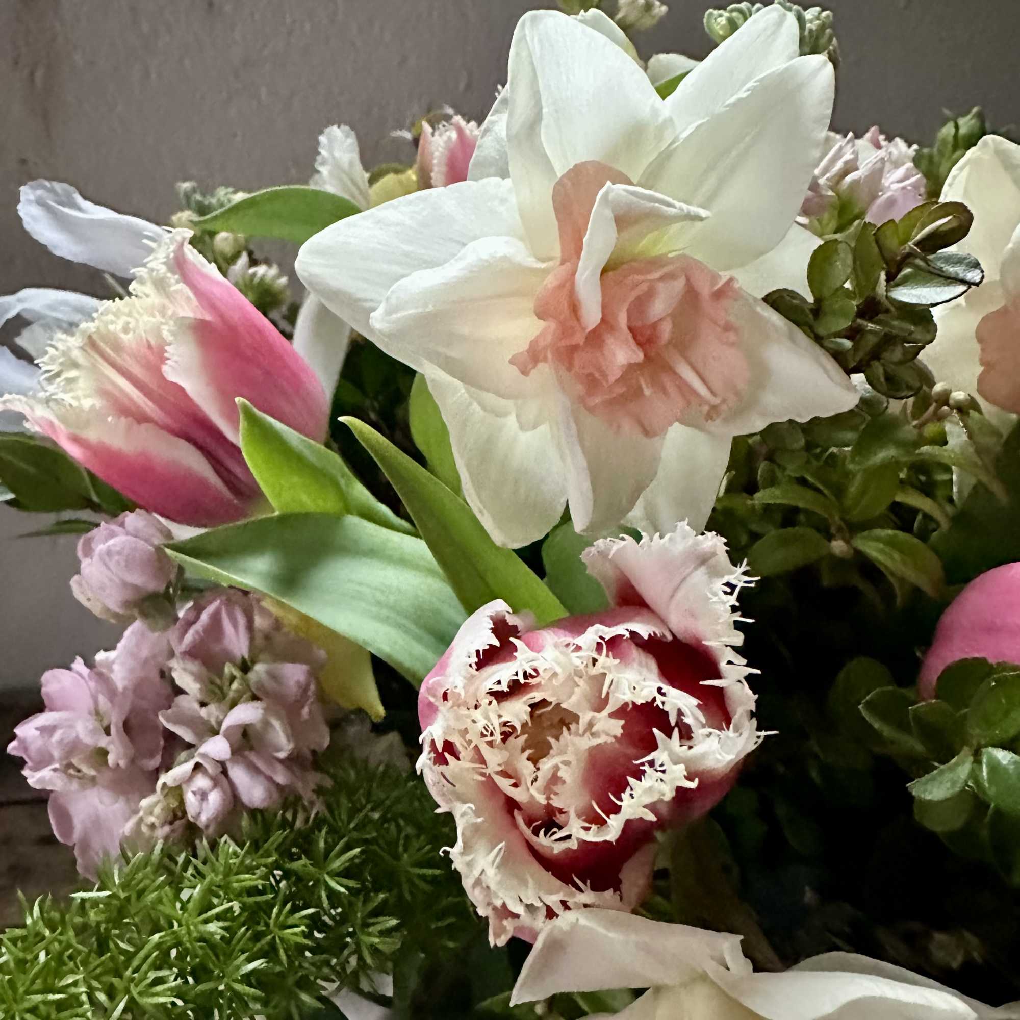 Spring in a vase! Enjoy Tulip varieties, daffodils, iris and stock.