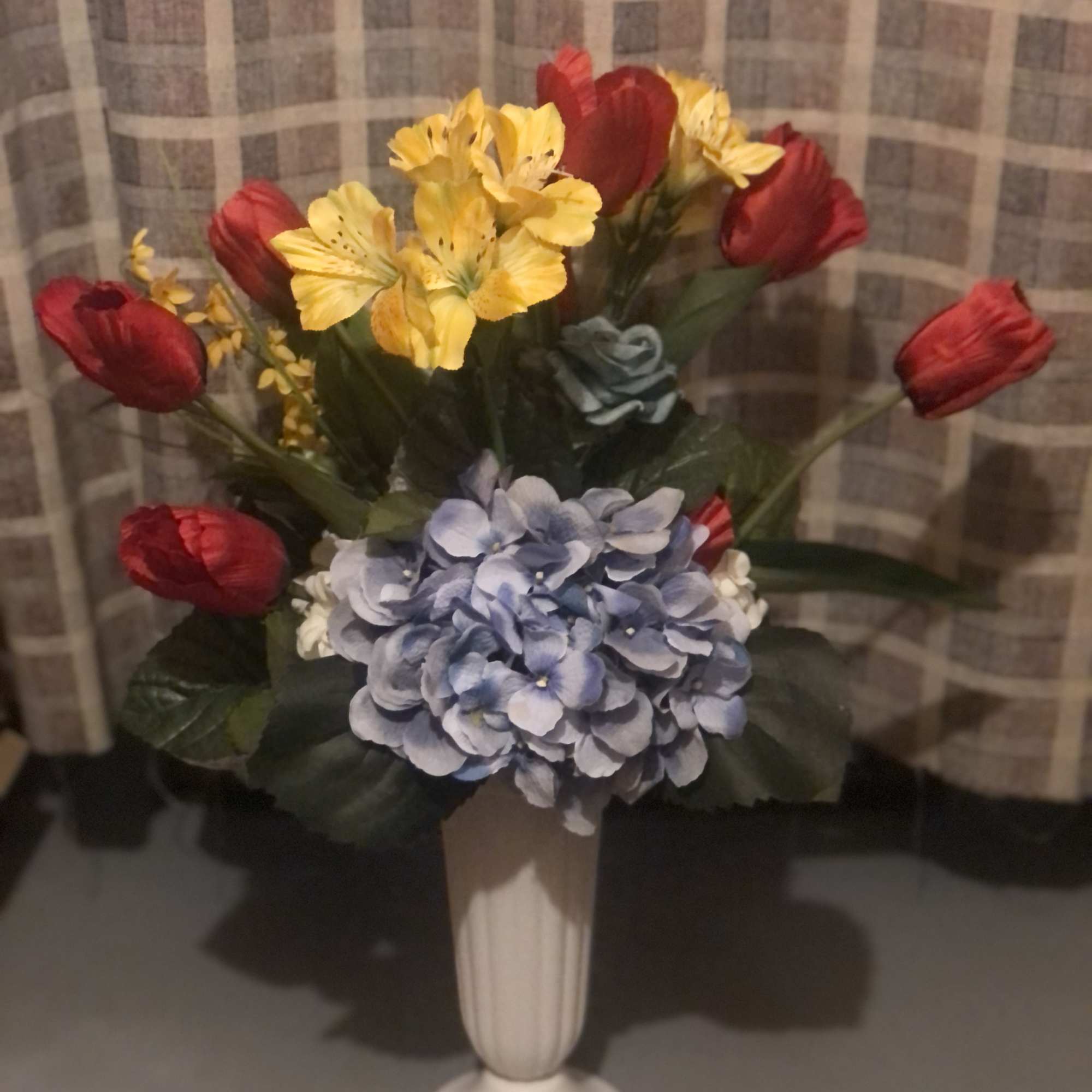 Beautiful remembrance cemetery vase for Spring. Created with silk flowers in a