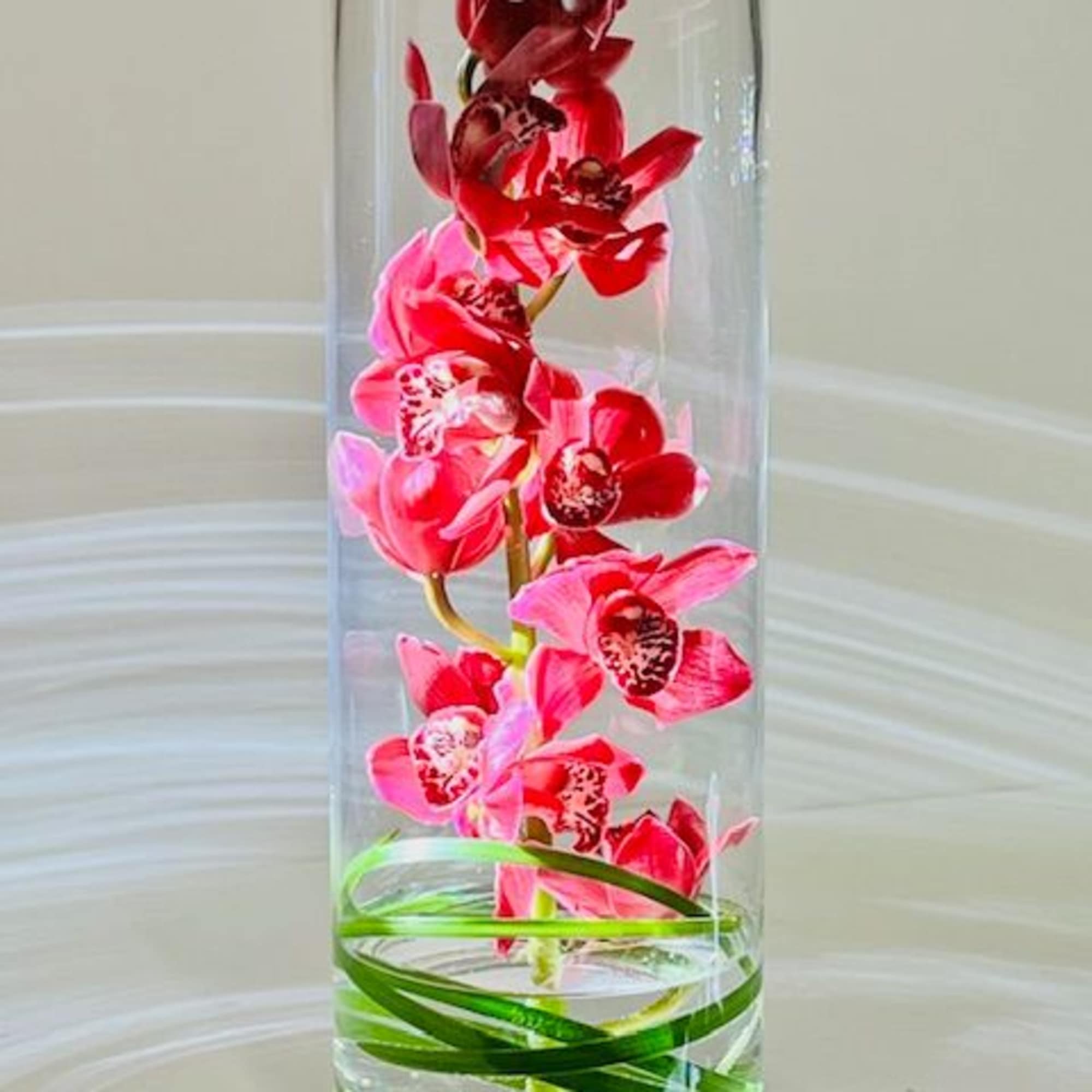 A modern and simplistic arrangement with exotic green cymbidium orchids in a