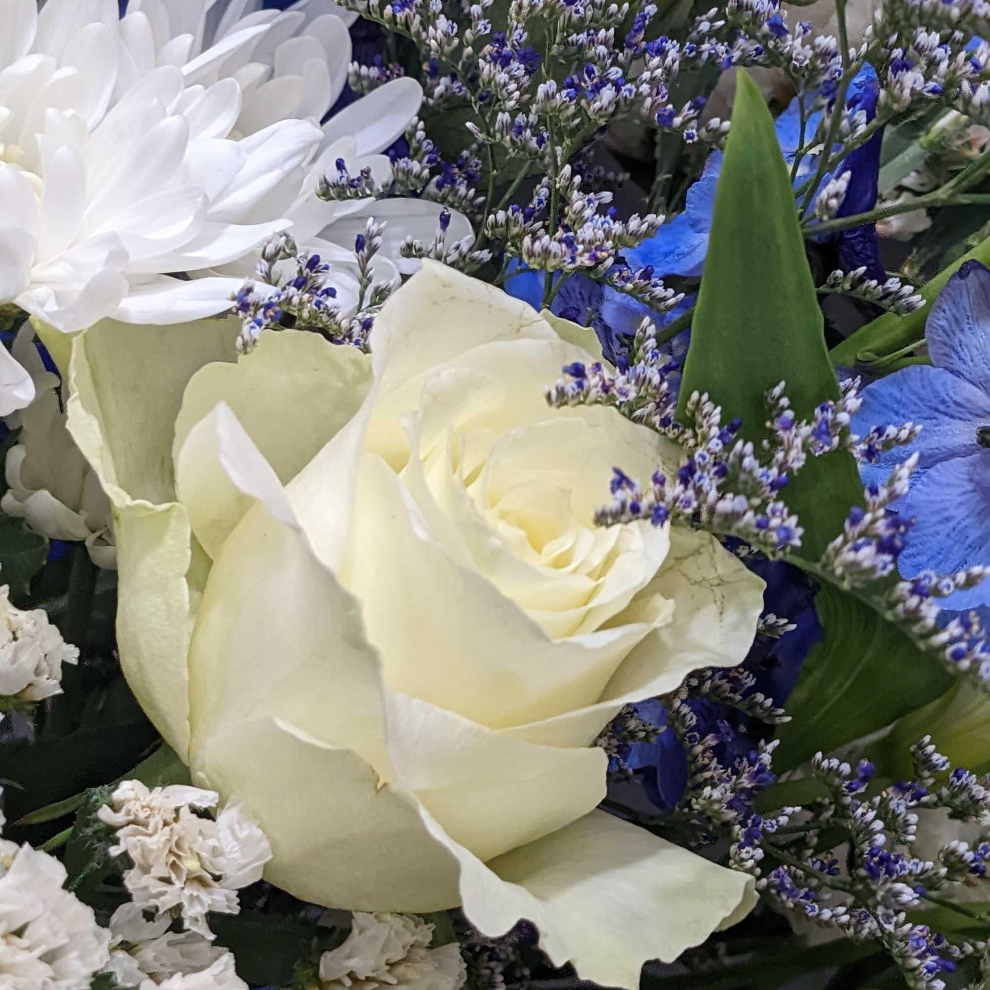 Our Blue, White, and Green Arrangement exudes natural elegance and tranquility. Featuring