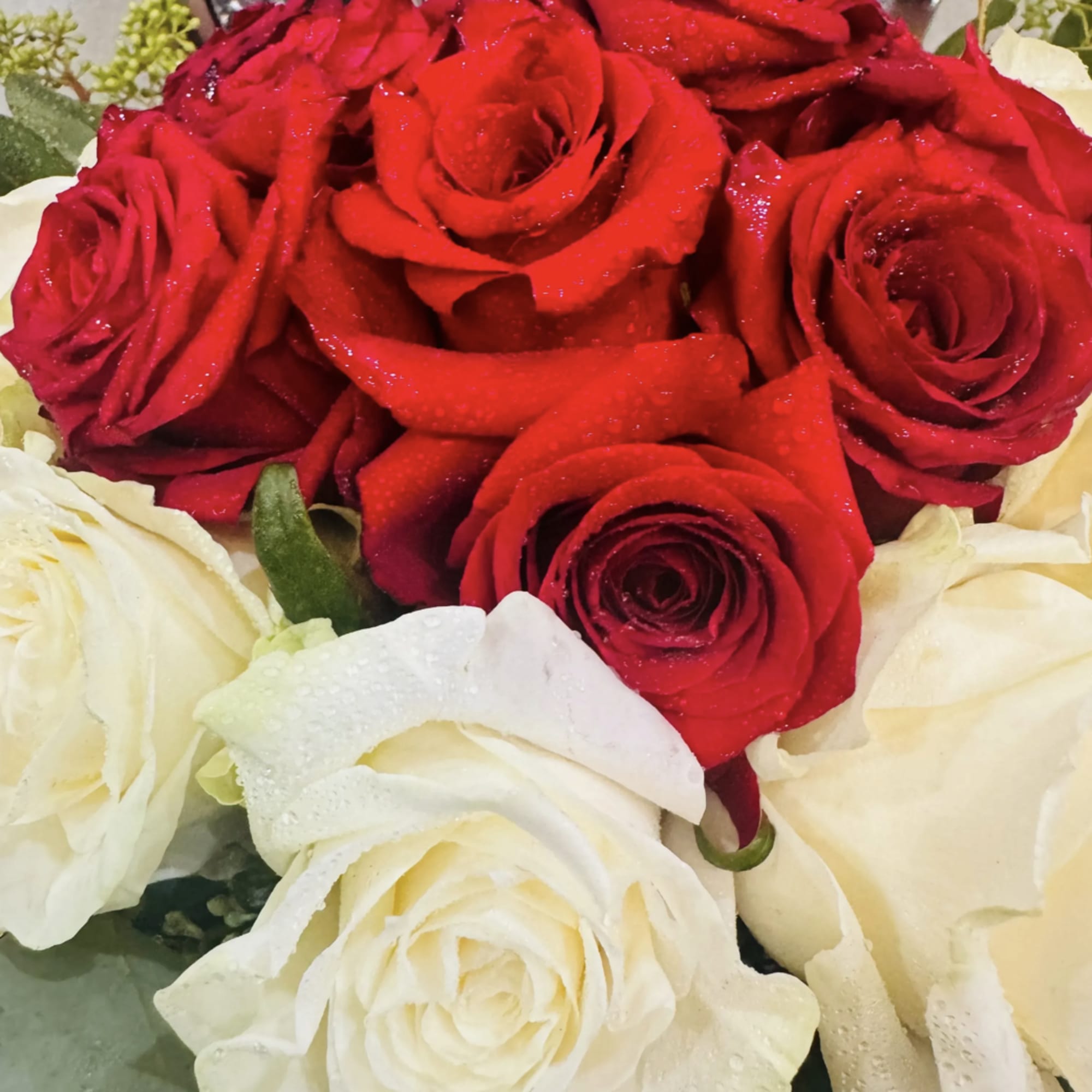 2 Dozen- Standard Bouquet
3 Dozen- Deluxe Bouquet
This white and red roses is