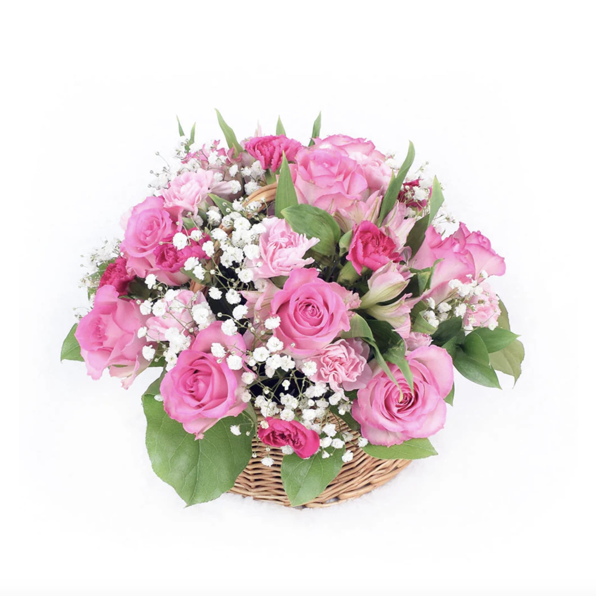 Pink Angel Basket Composed of beautiful spring flowers and pink roses. This