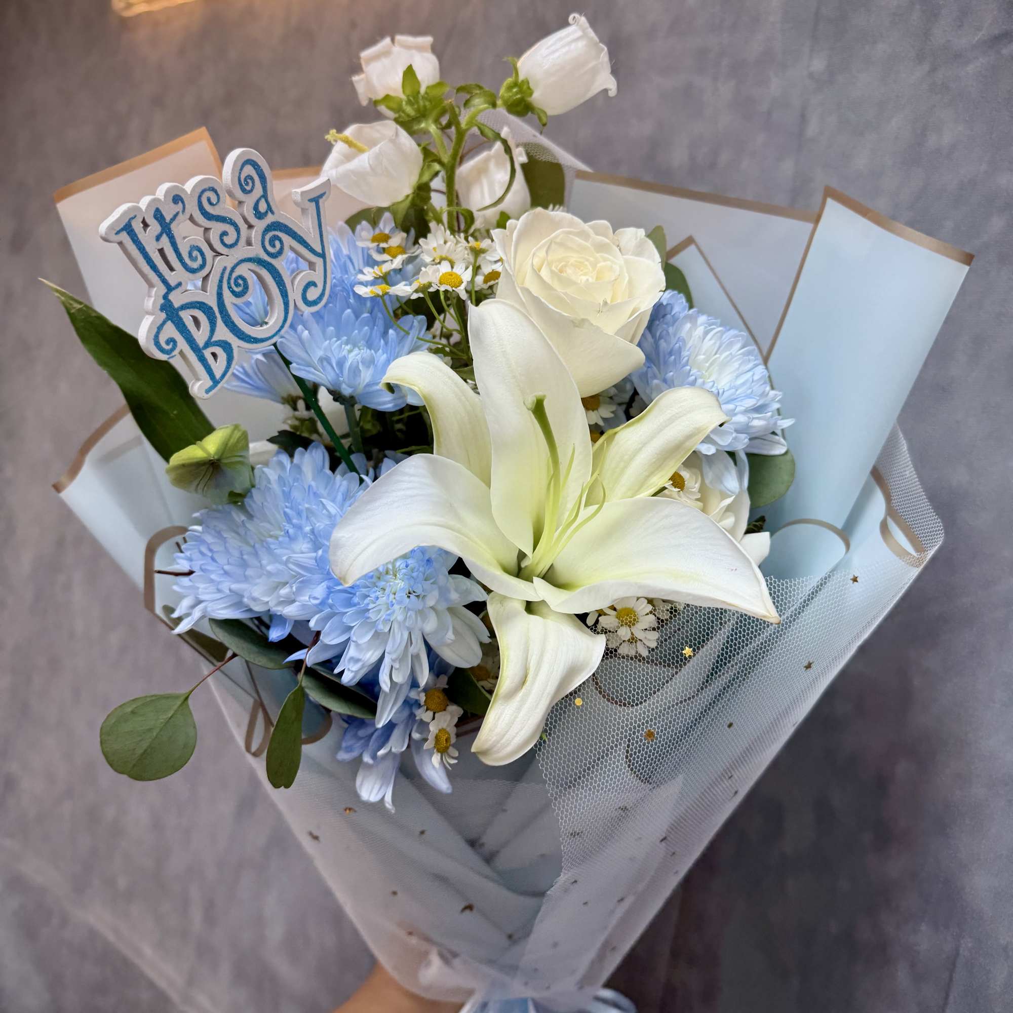  Introducing Our Sweet Baby Boy Bouquet 
A soft and charming hand-tied