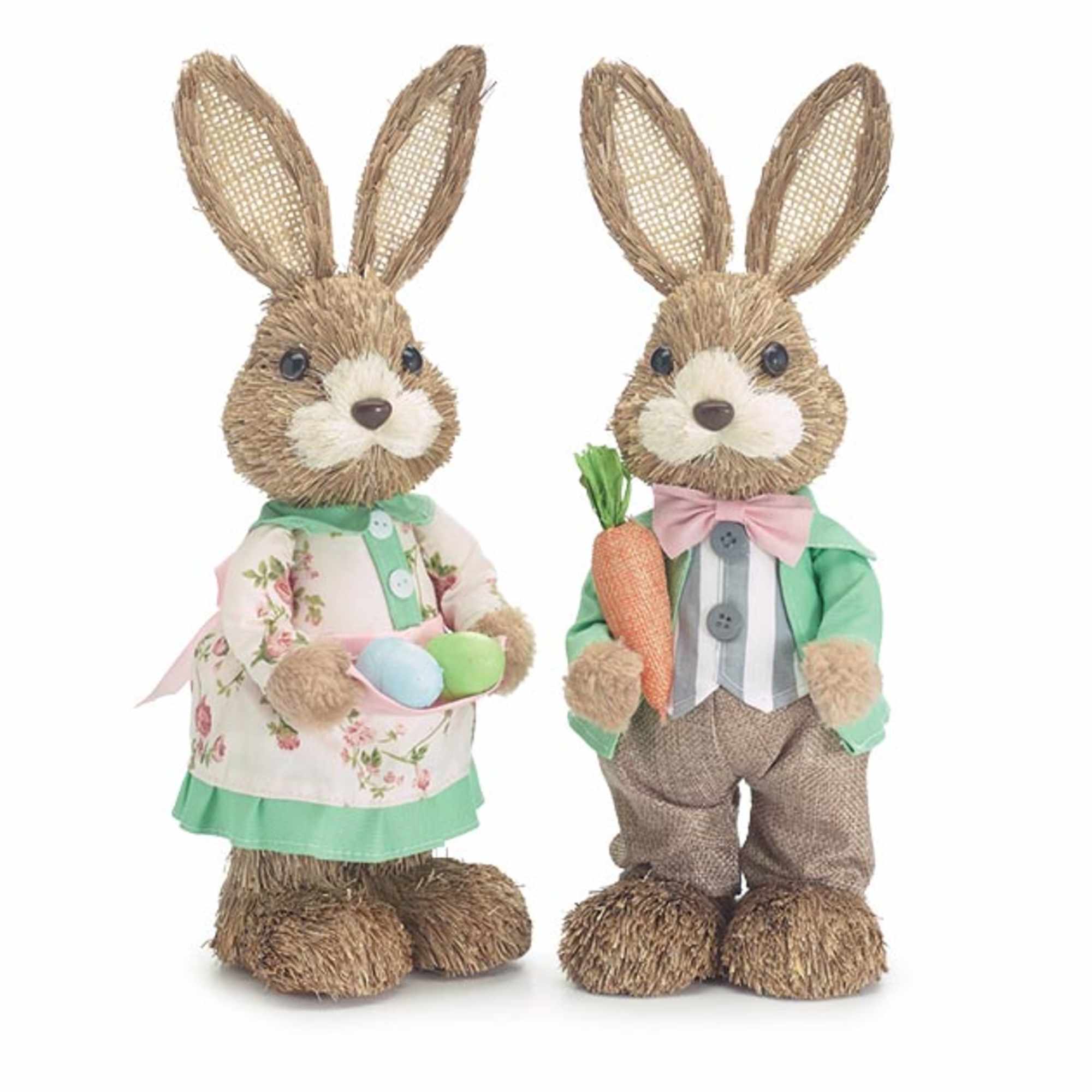 Fabric bunny couple. The boy wears a gray stripe shirt with gray