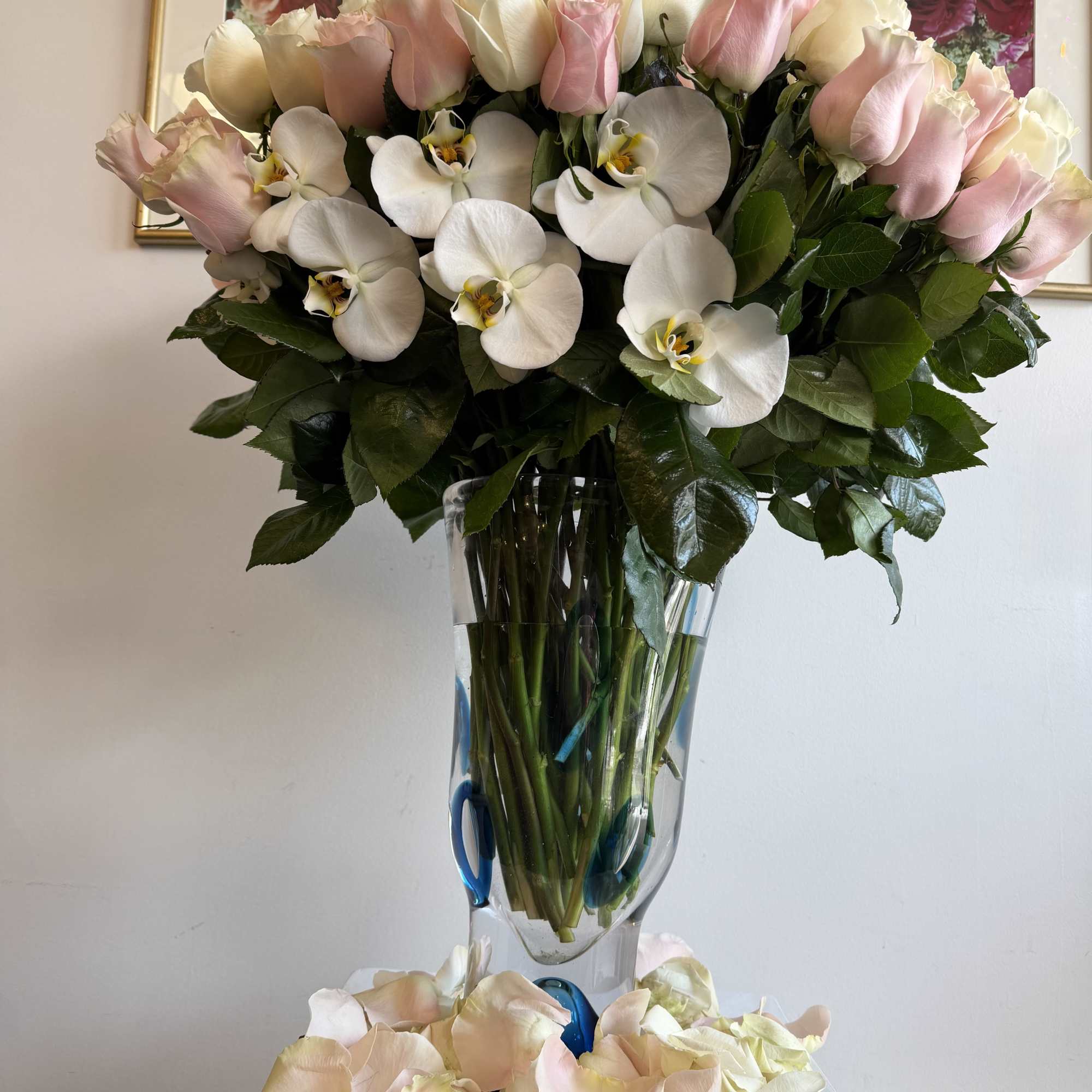 Luxury vase with a favorite touch of pink and white roses, perfectly