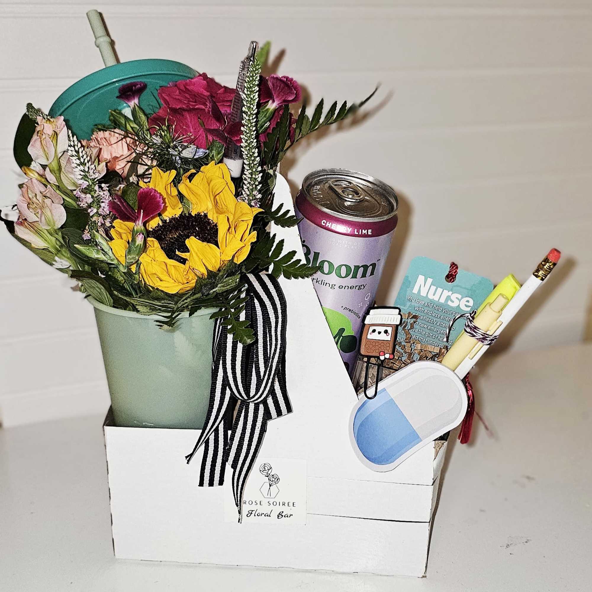 A cheerful mix of fresh florals, a light sip, and feel-good treats