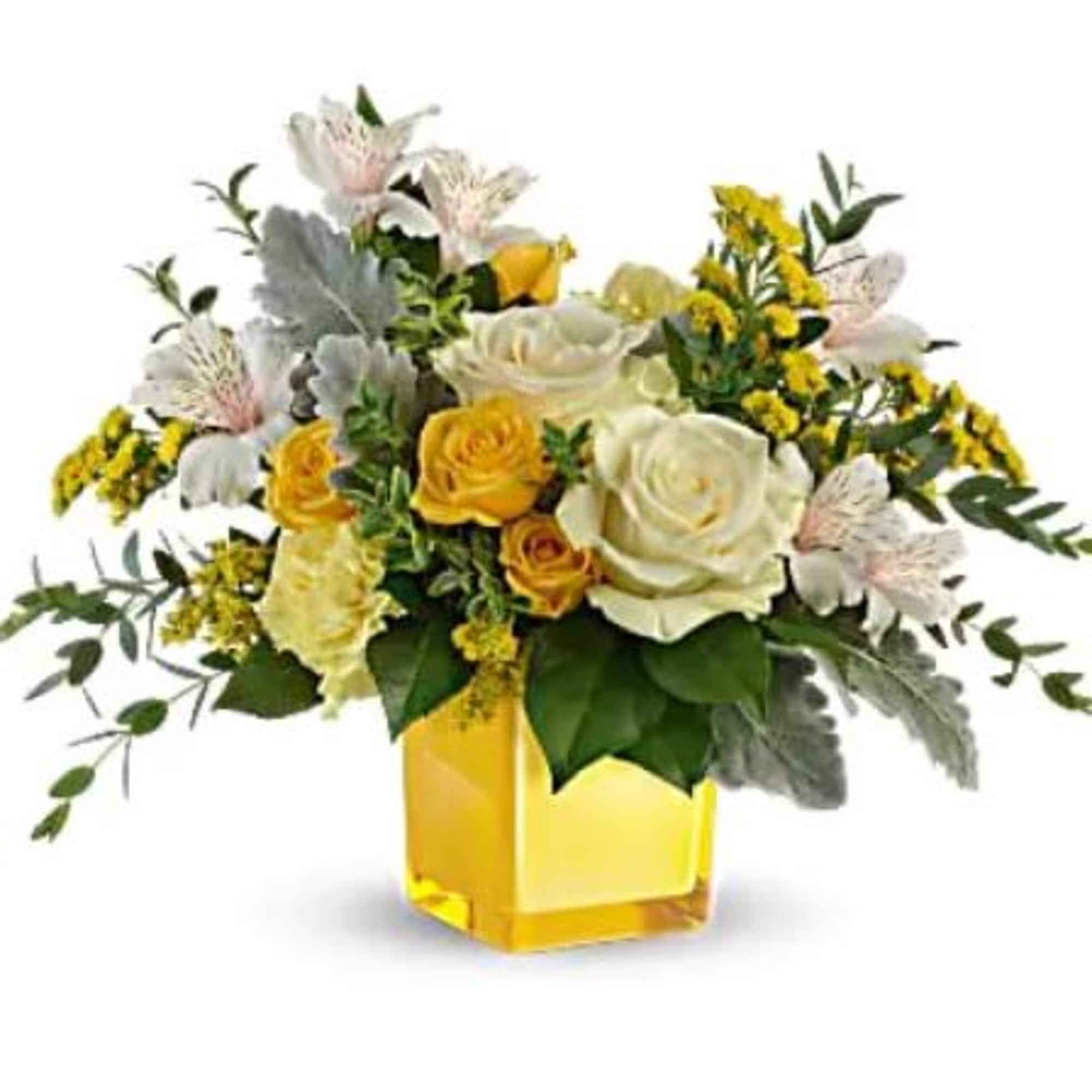 This sunny gift includes white roses, yellow spray roses, light pink alstroemeria