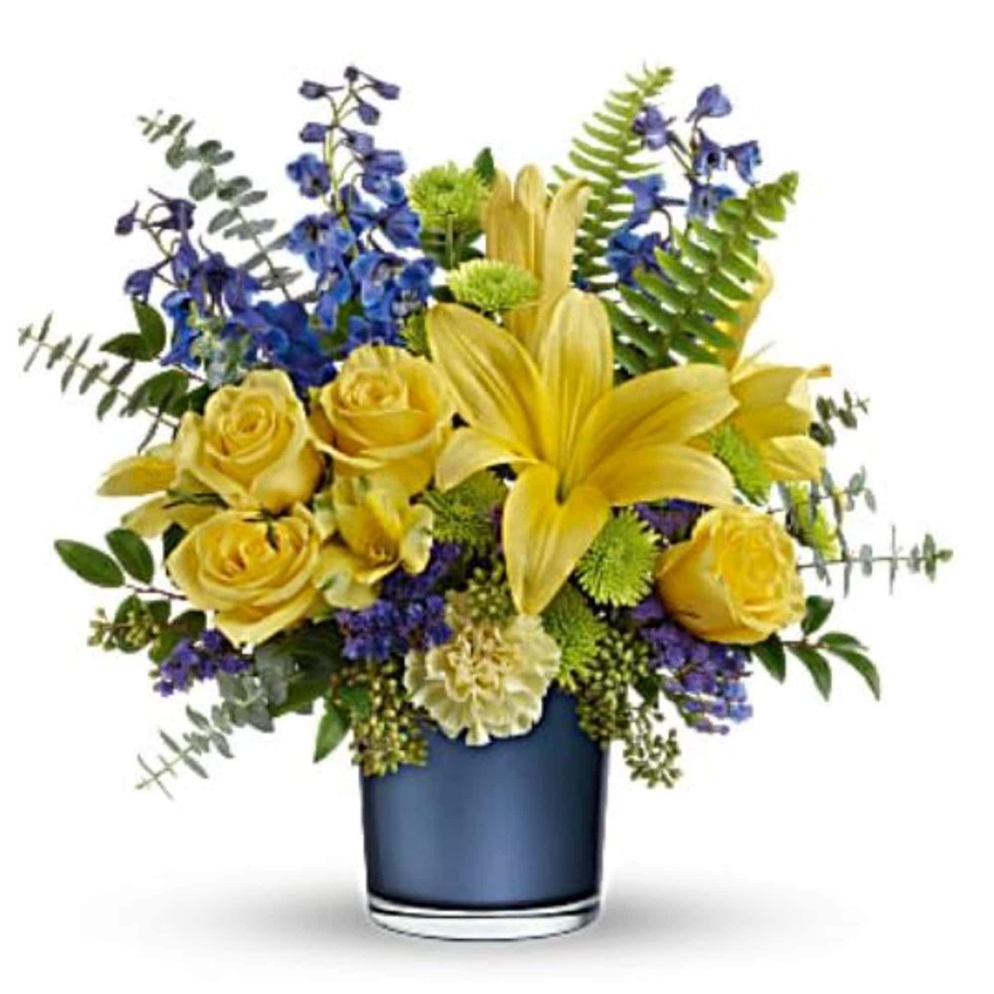 Let the sunshine in! Blooming with gorgeous golden lilies and whimsical blue