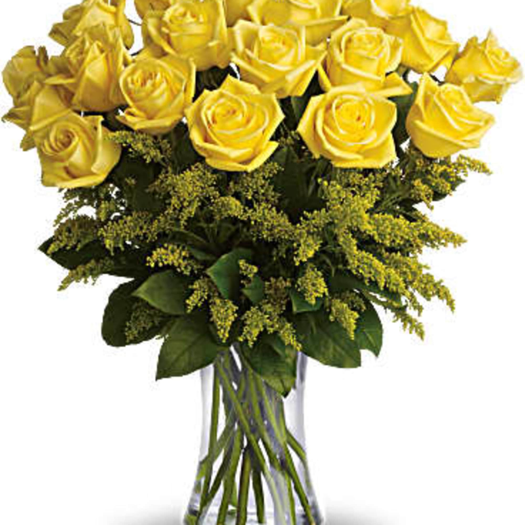Yellow roses symbolize friendship, and sending this sunny bouquet of bright yellow