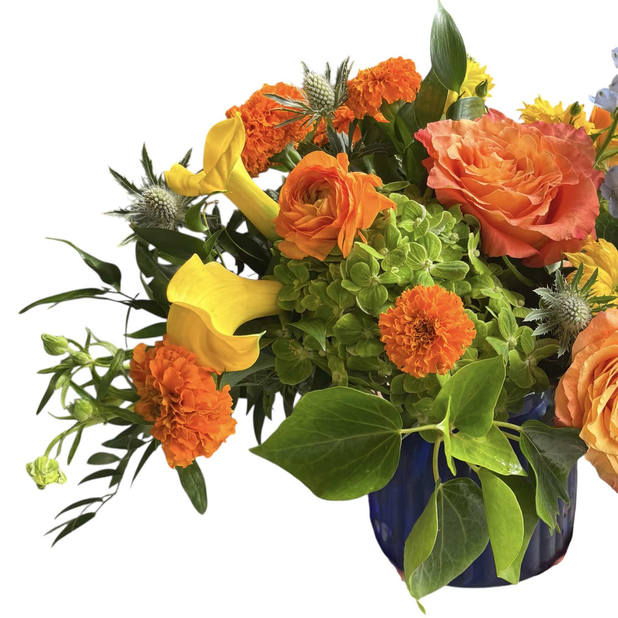 YELLOW, GREEN AND BLUE FLOWERS IN VASE.

Bright, joyful and fresh. This colorful