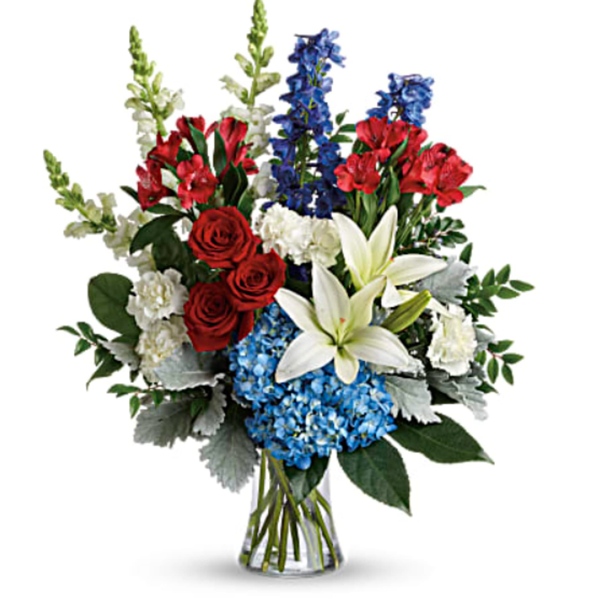 Perfectly patriotic with its red, white and blue blooms, this bold bouquet