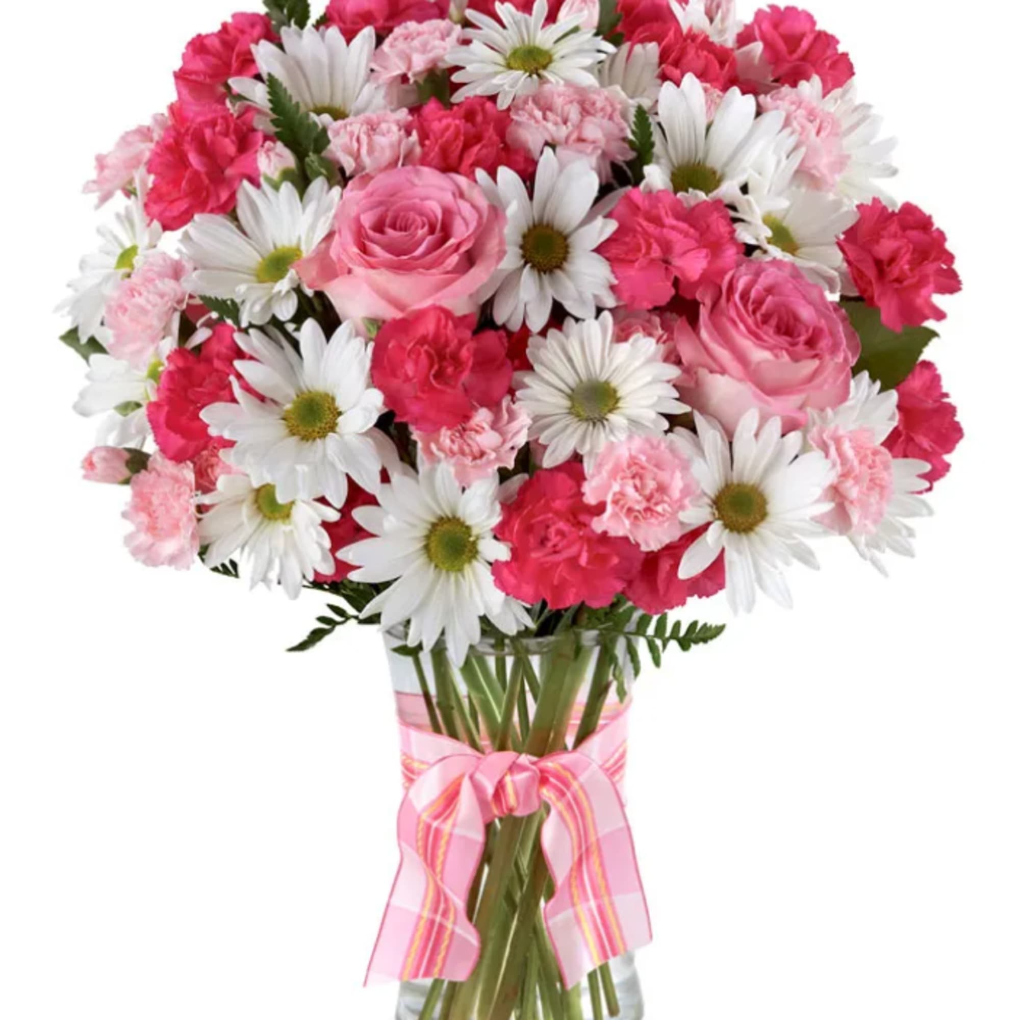 Hand arranged with hot pink spray roses, white daisies and pink mini