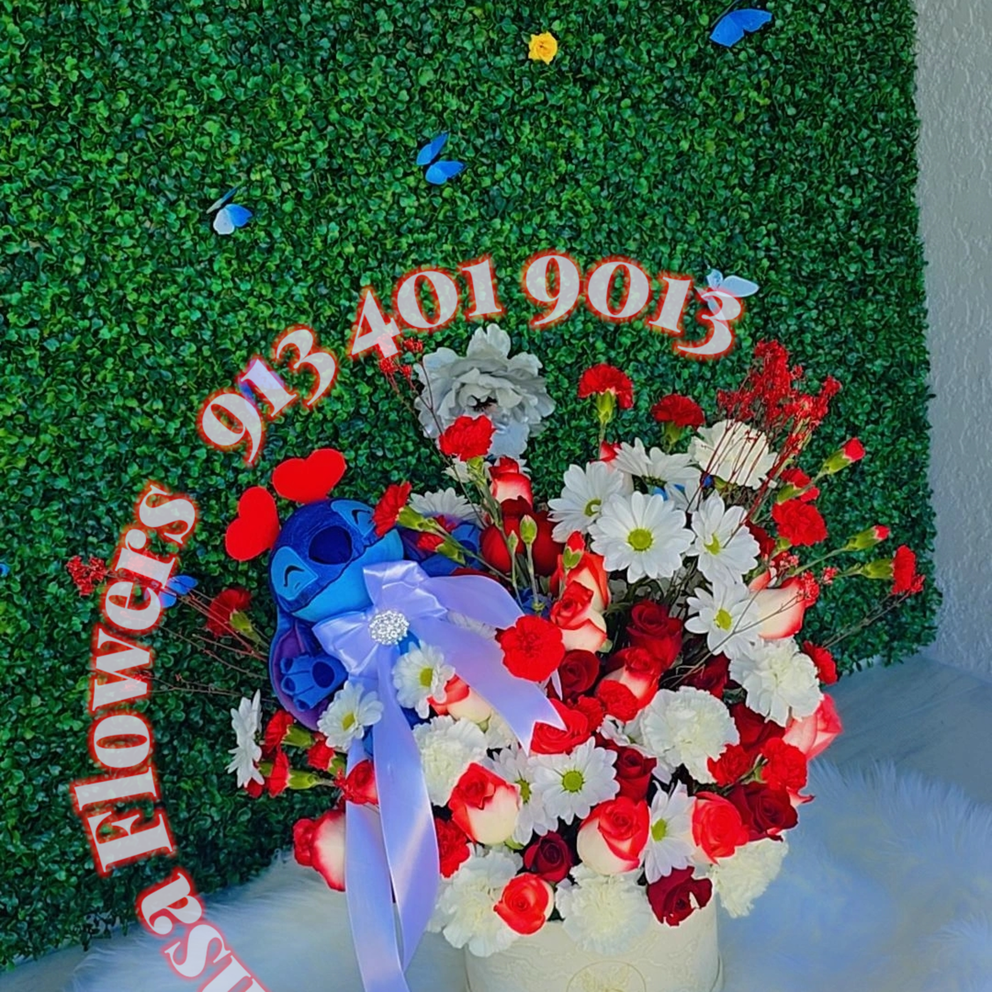 Our round box floral centerpiece with a Stitch plush is the perfect