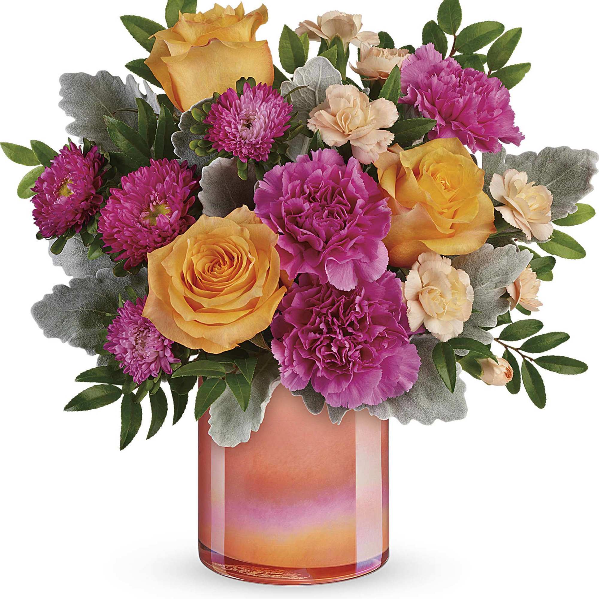 Just peachy! Celebrate spring with this lush orange and pink bouquet, artfully