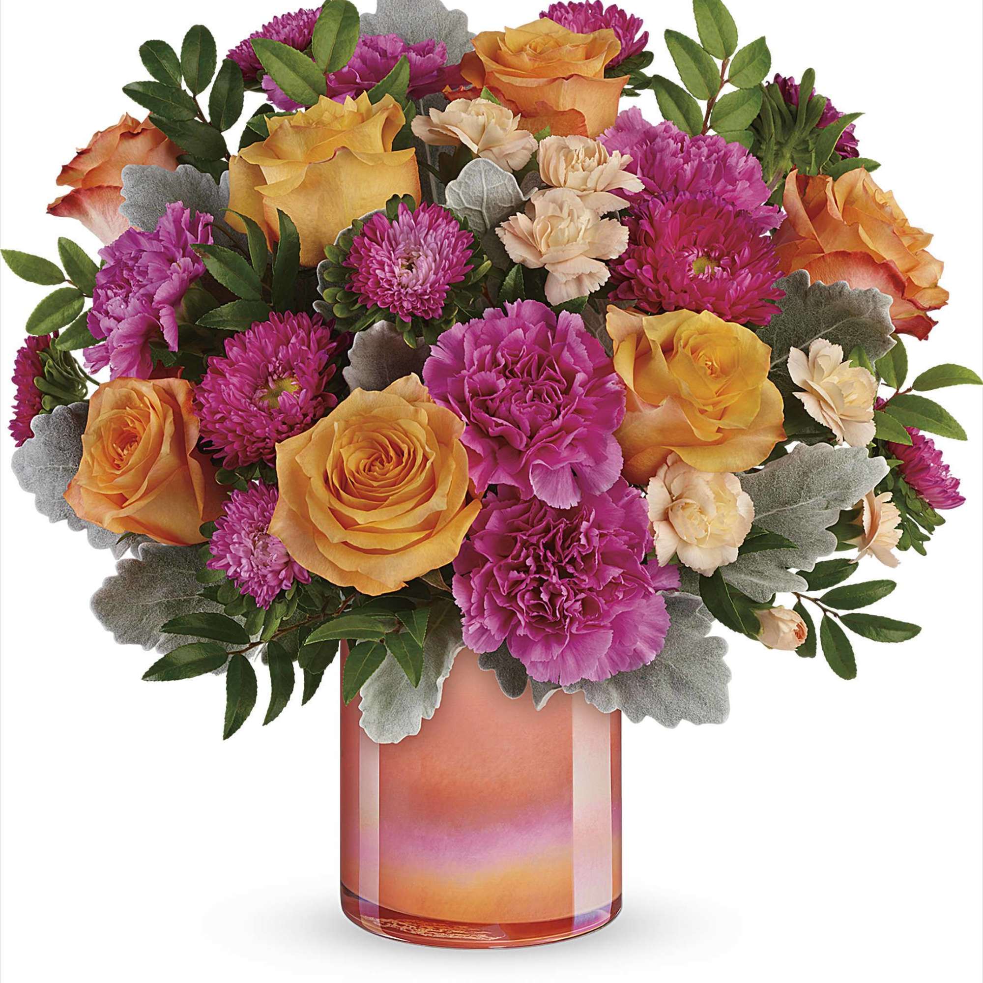 Just peachy! Celebrate spring with this lush orange and pink bouquet, artfully