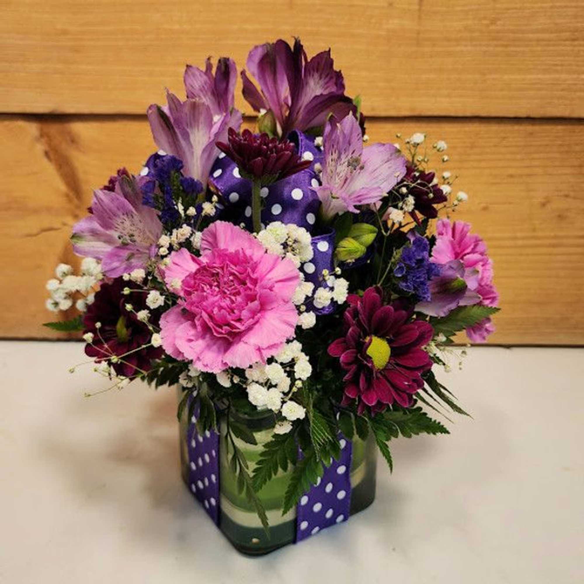 Polka Dot Blooms Bouquet - Purple,  featuring a 4" glass cubed