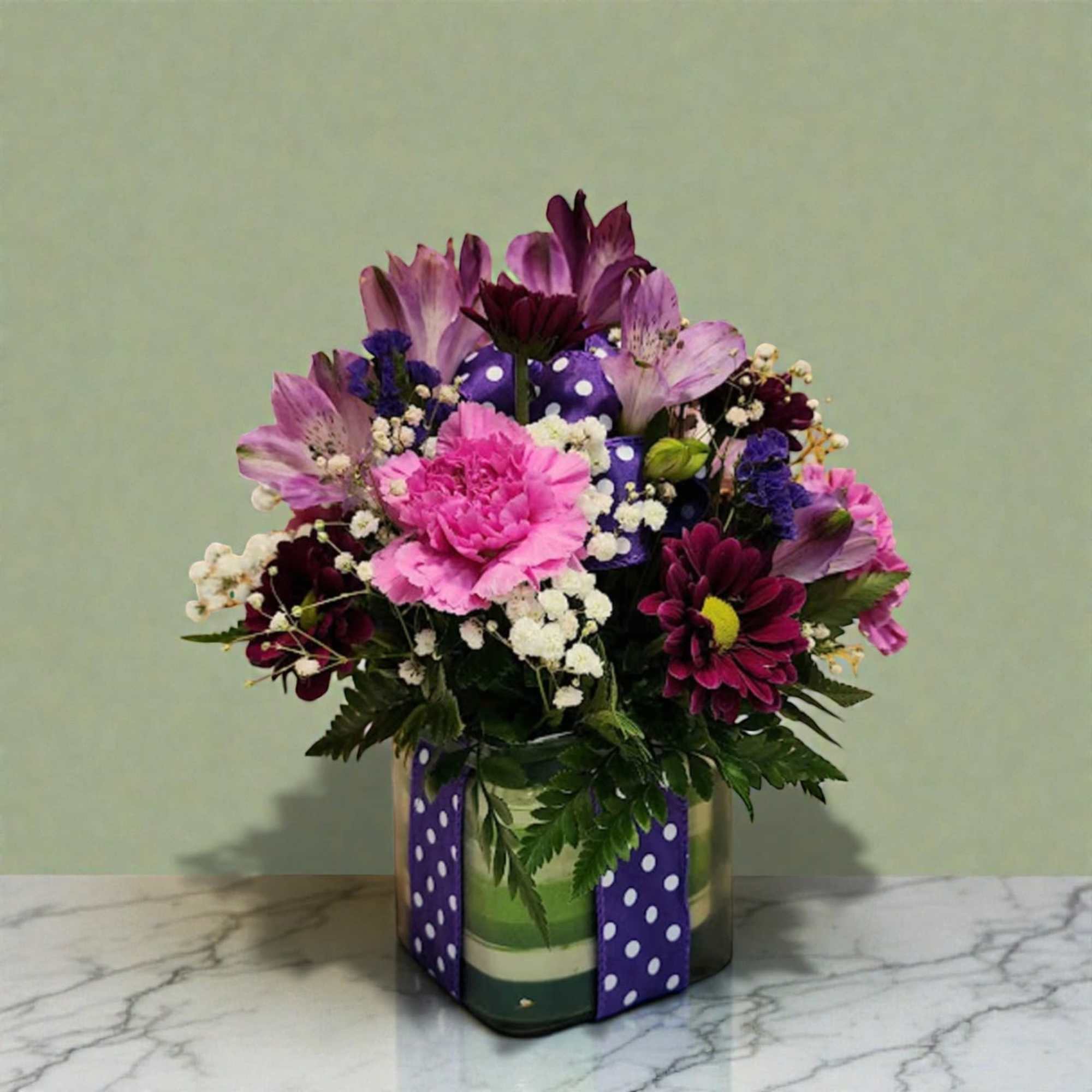 Polka Dot Blooms Bouquet - Purple,  featuring a 4" glass cubed