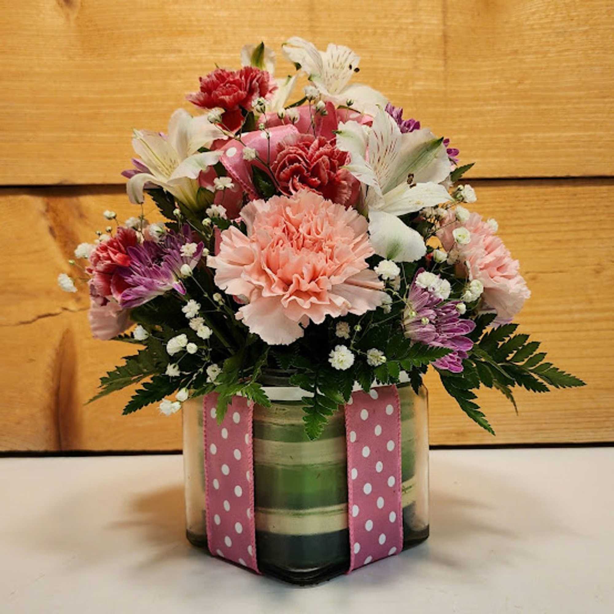 Polka Dot Blooms Bouquet - Light Pink,  featuring a 4" glass