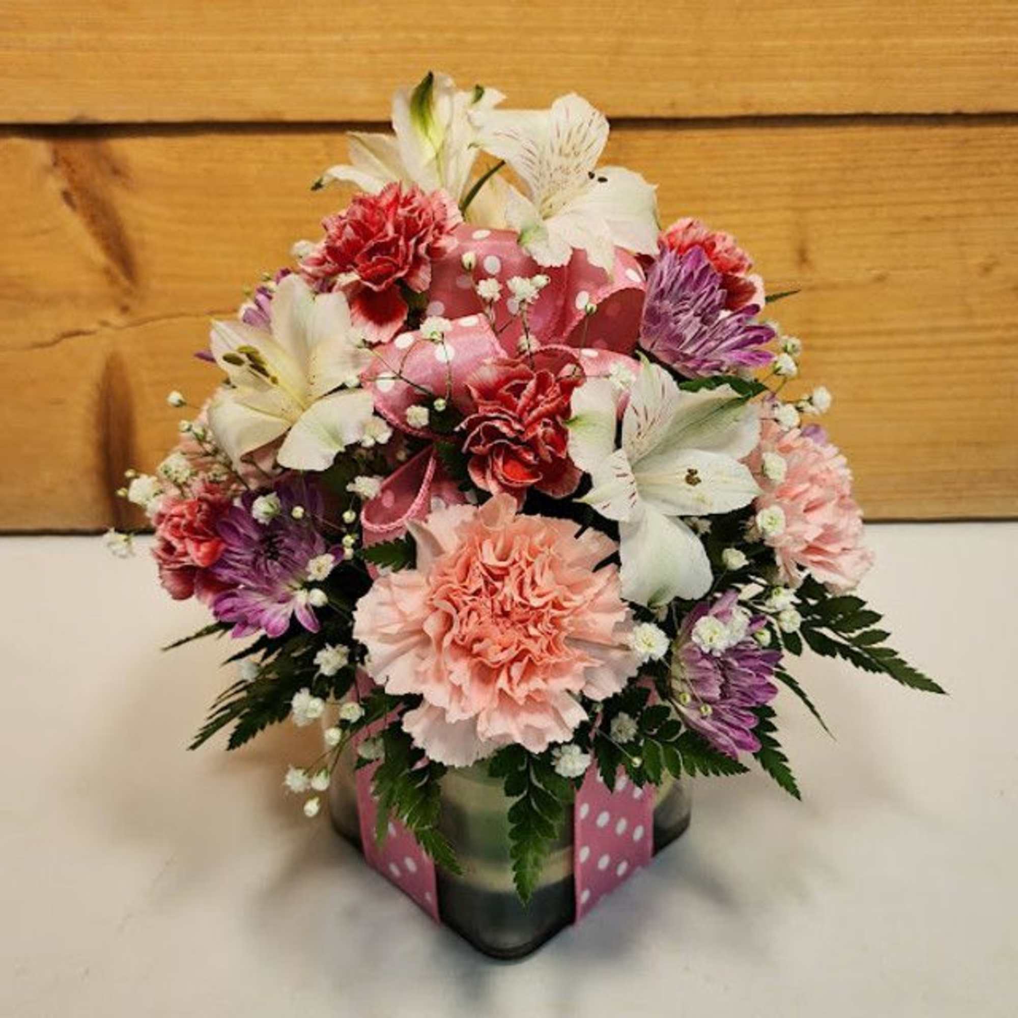 Polka Dot Blooms Bouquet - Light Pink,  featuring a 4" glass