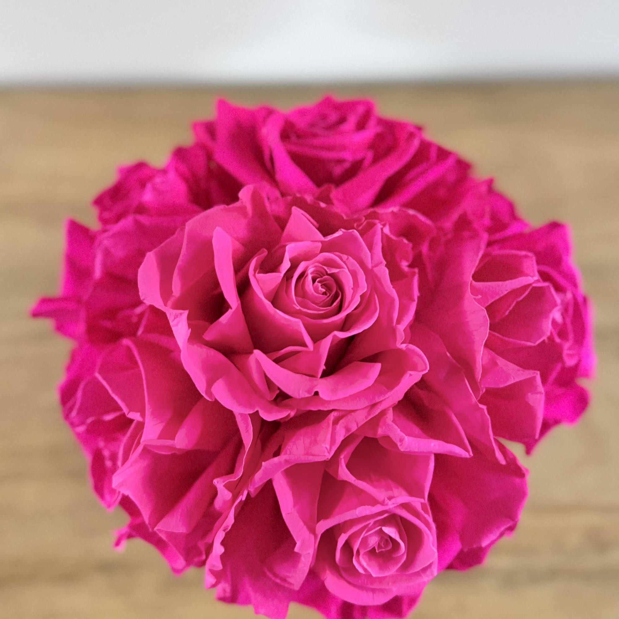 Six vibrant preserved fuchsia roses, thoughtfully arranged in a luminous gold vessel.