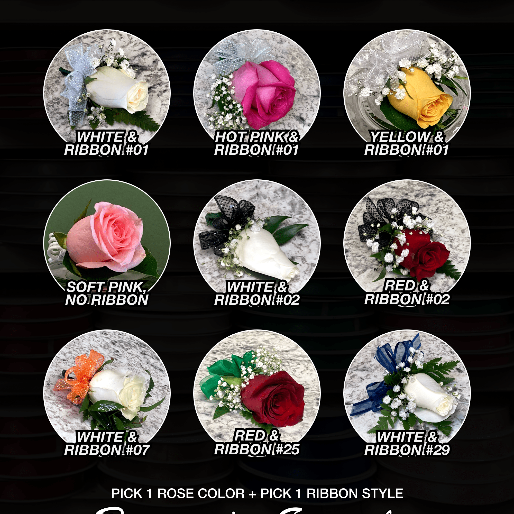 Our boutonni&egrave;re features a rose, baby's breath and freshly-cut greens. Accented with