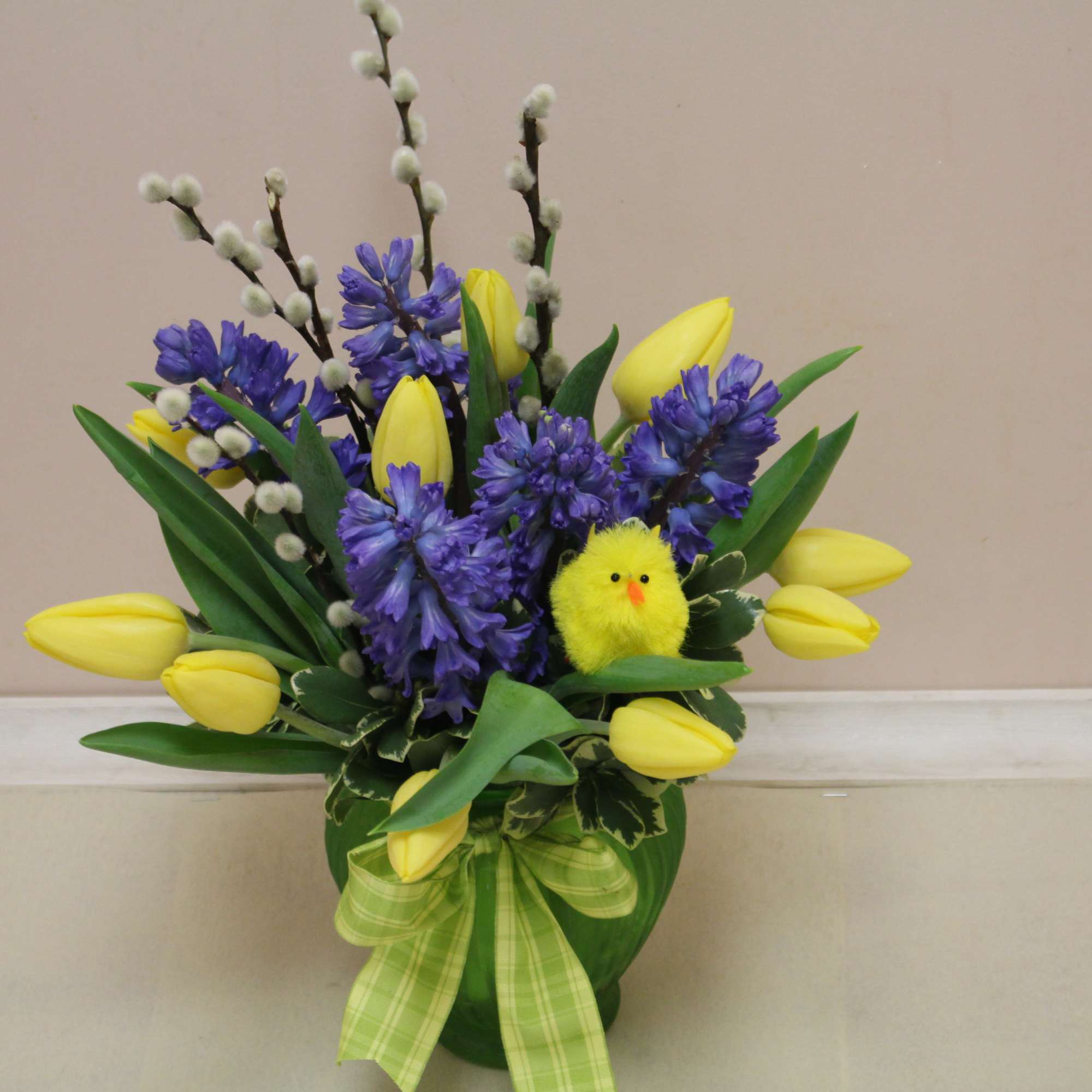 Tulips and hyacinth!  And a little baby chick tucked inside. 