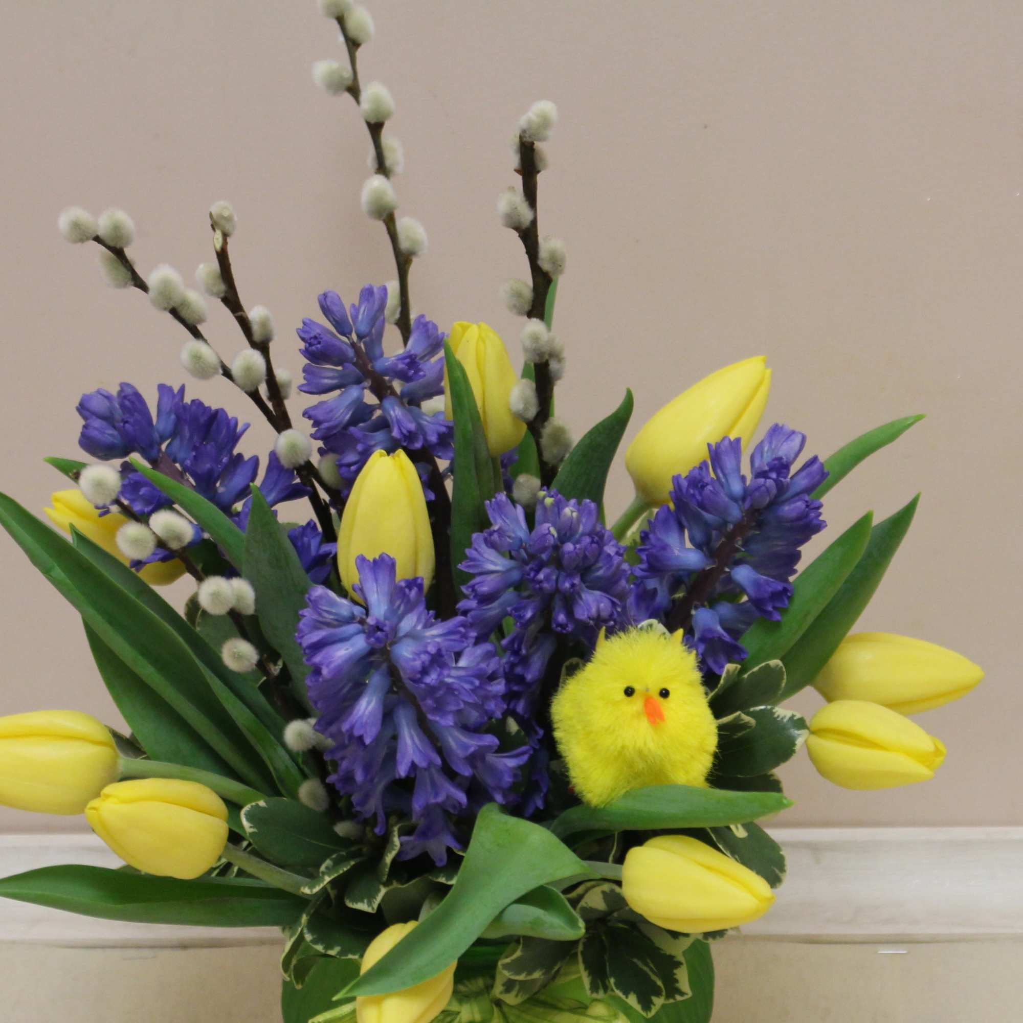 Tulips and hyacinth!  And a little baby chick tucked inside. 