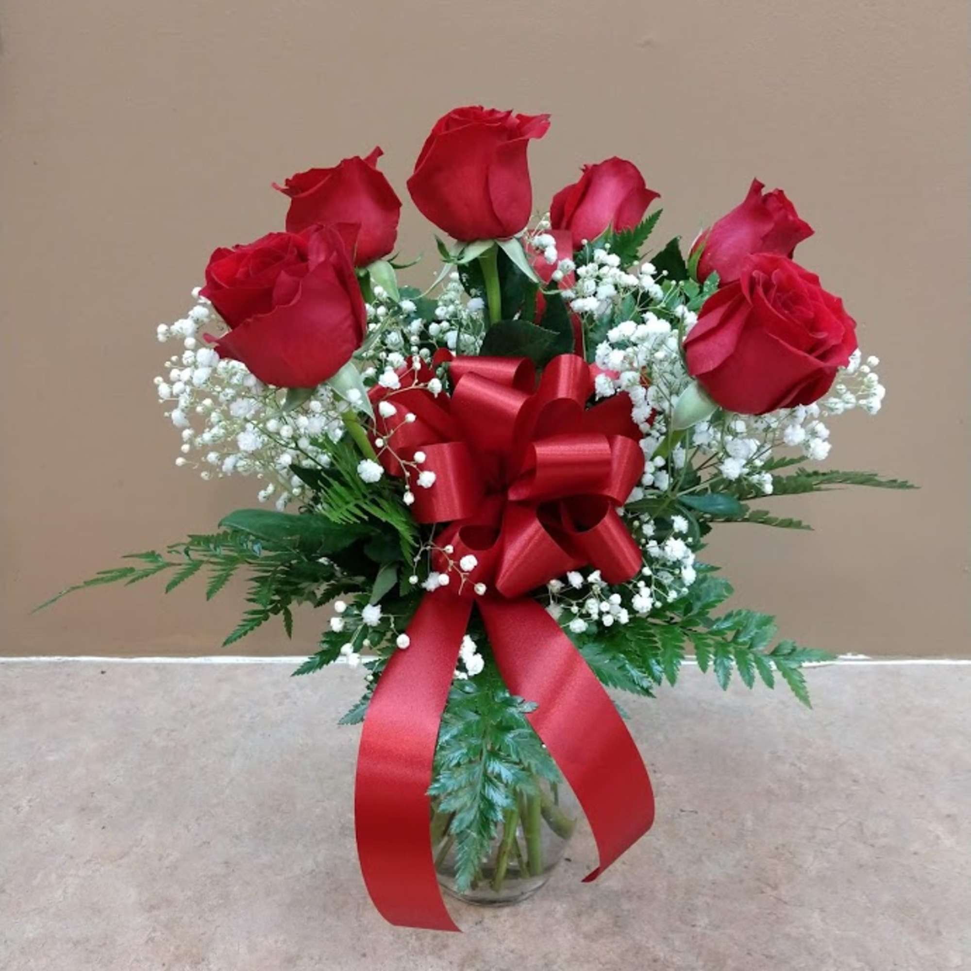 Half Dozen Roses with Greenery, Filler and a Bow