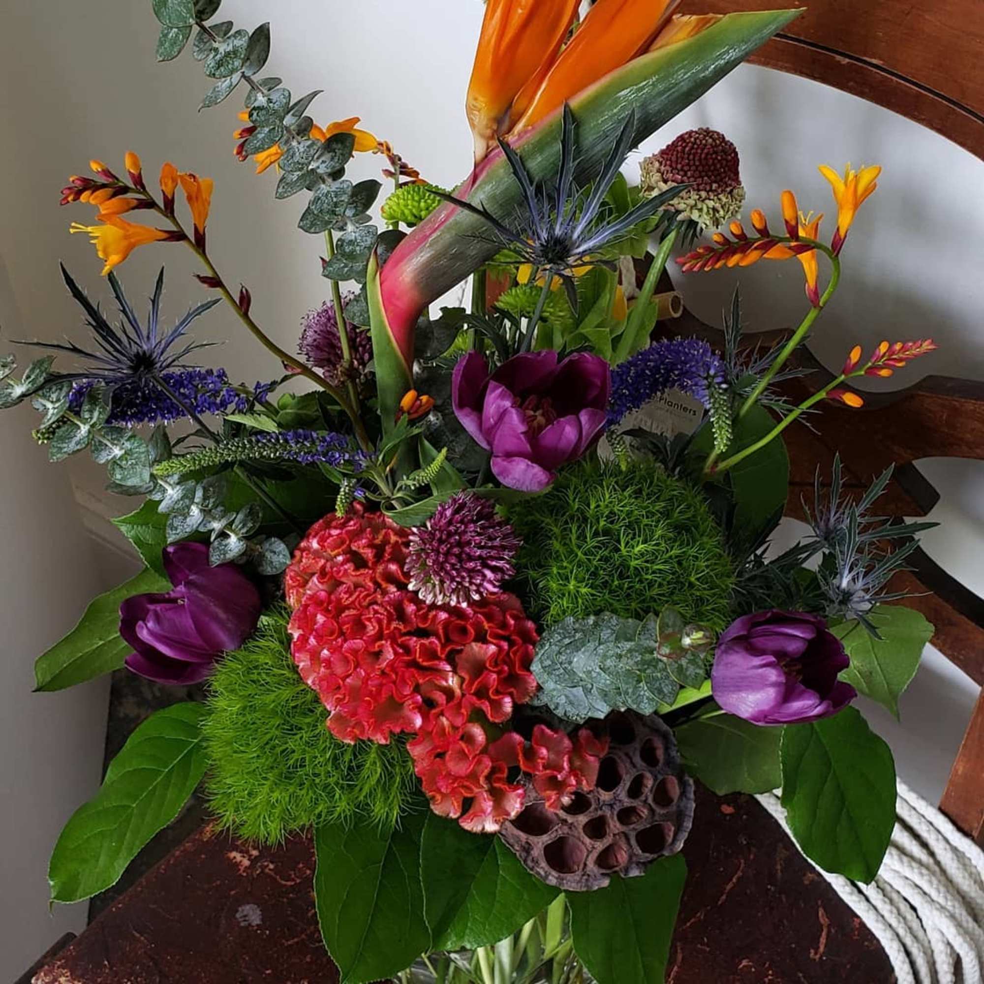 This wonderful array of exotic flowers is a contemporary work of floral