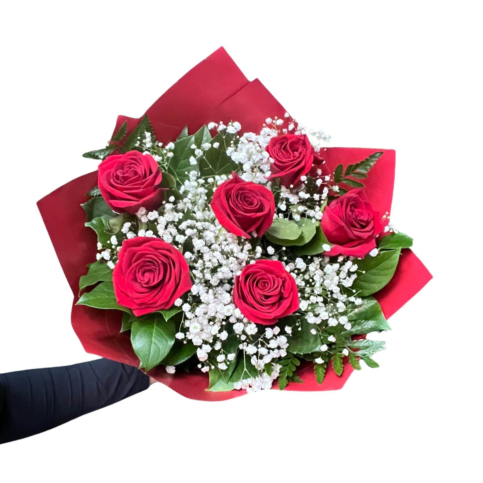 Half o Dozen of our premium Ecuadorian Roses wrapped with baby&rsquo;s breath