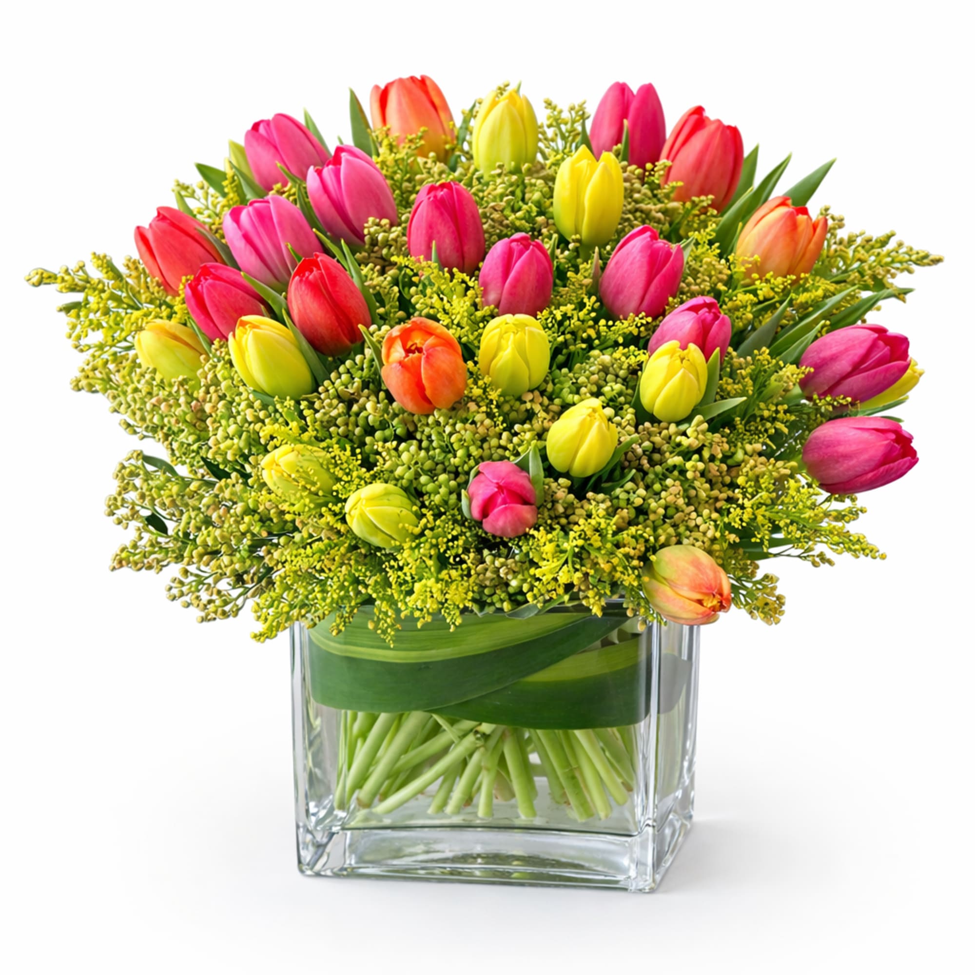A modern arrangement of mixed-color tulips, loosely gathered with soft, airy filler