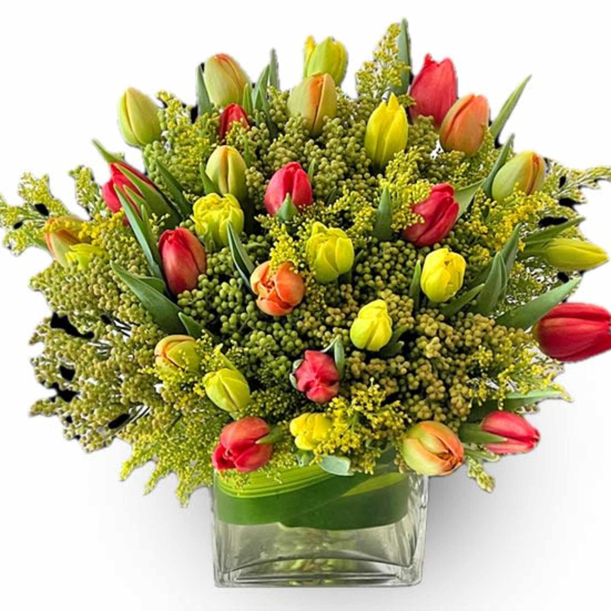 A modern arrangement of mixed-color tulips, loosely gathered with soft, airy filler
