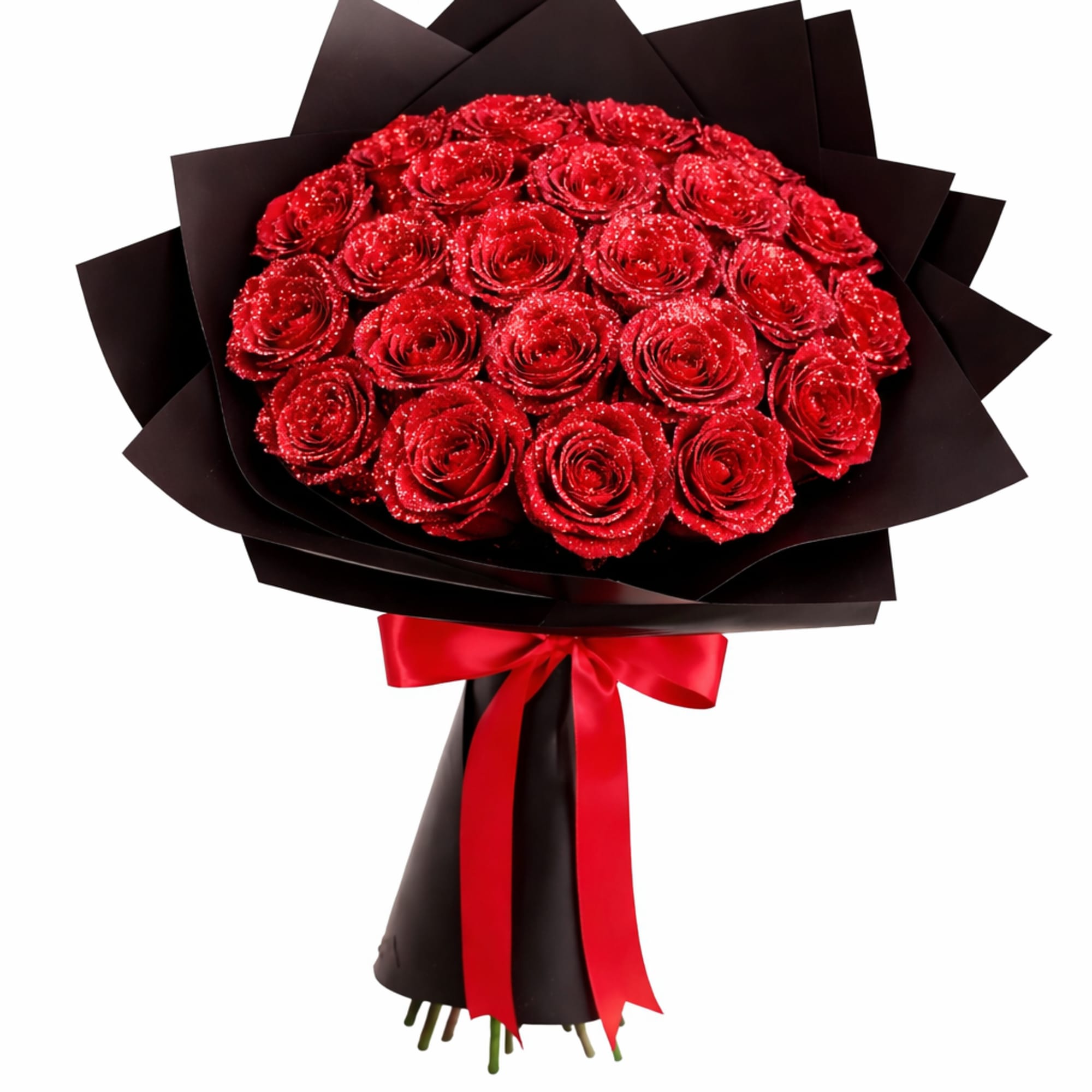 A timeless Glitter bouquet of premium long stem roses, delicately dusted with