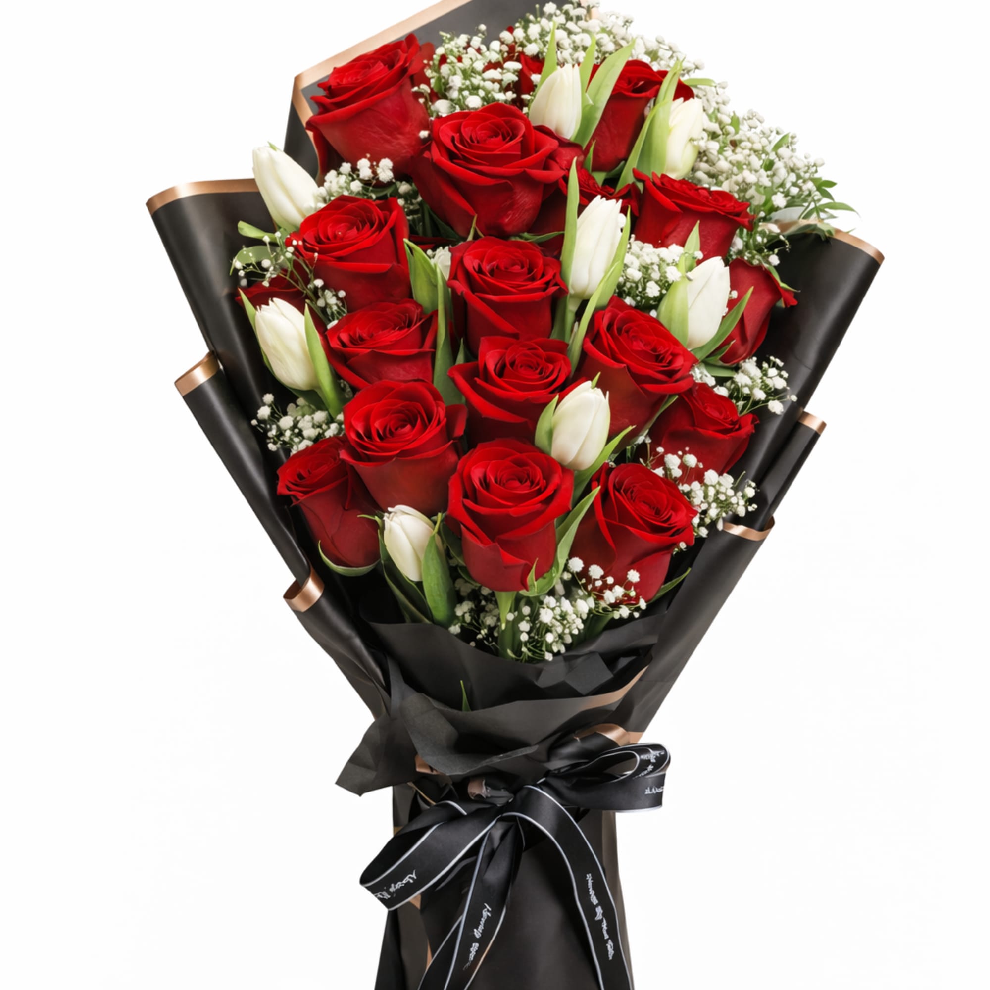 A timeless luxury bouquet featuring premium red roses, elegant white tulips, and