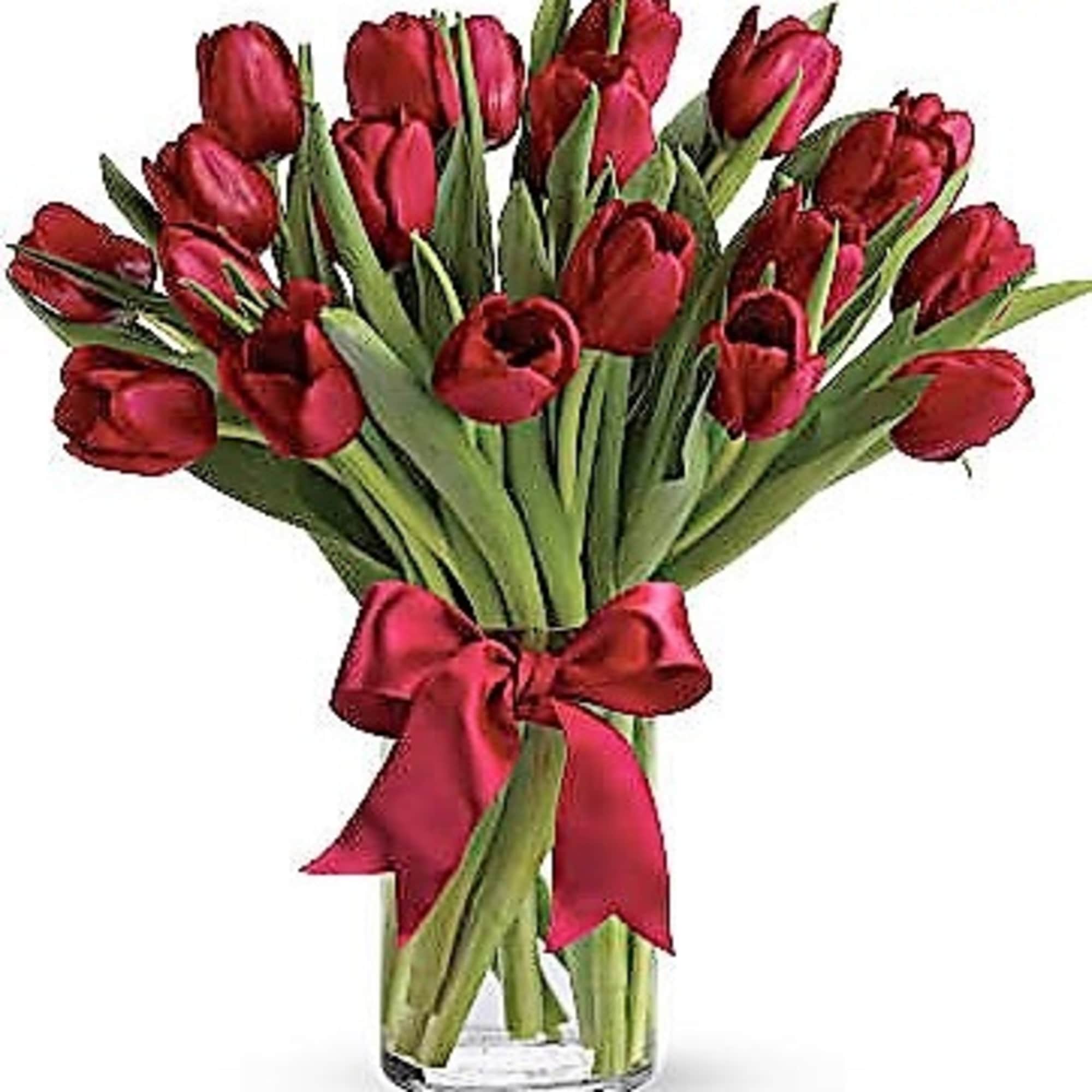 10 Red tulips arranged in a vase with a bow.