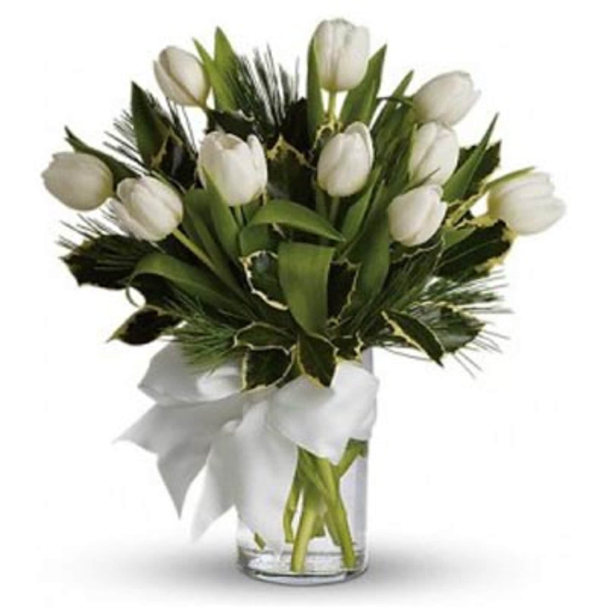 Standard: 10 Tulips arranged with pine in a vase.
Premium: 20 Tulips arranged