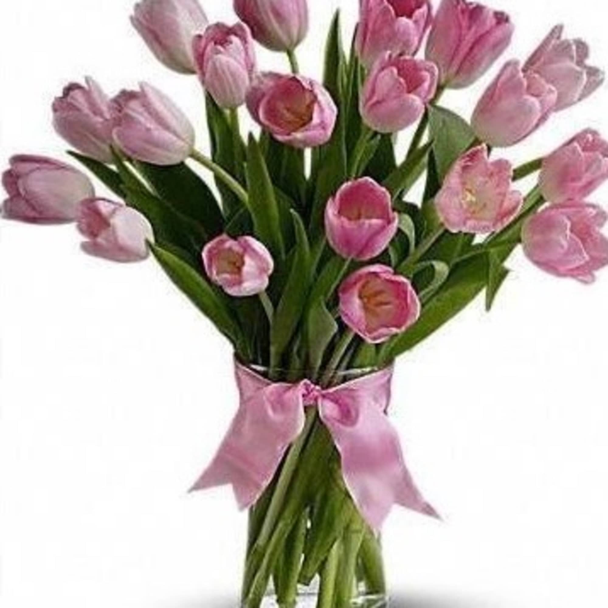 Standard as shown: 10 Pink Tulips arranged in a vase
Premium - 20