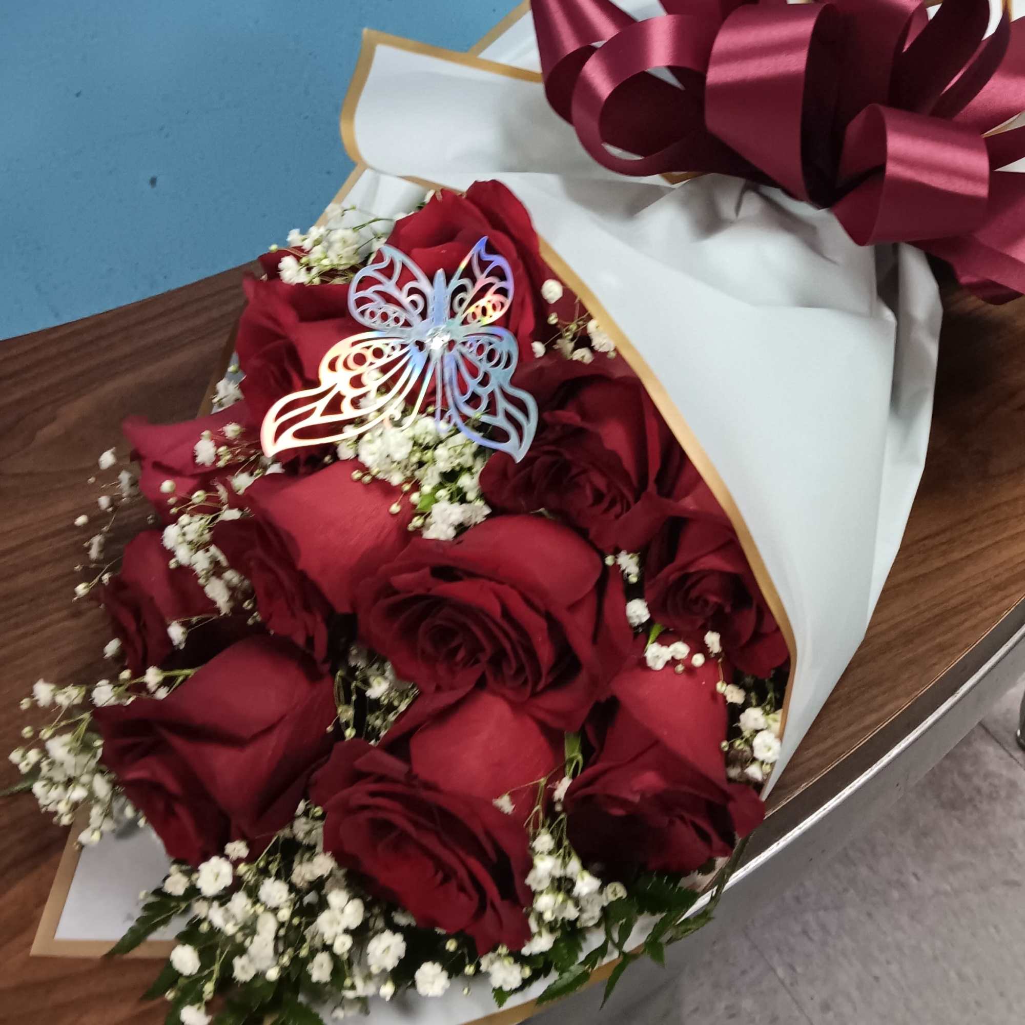 Great for Graduations. It is one dozen roses wrapped in a pretty