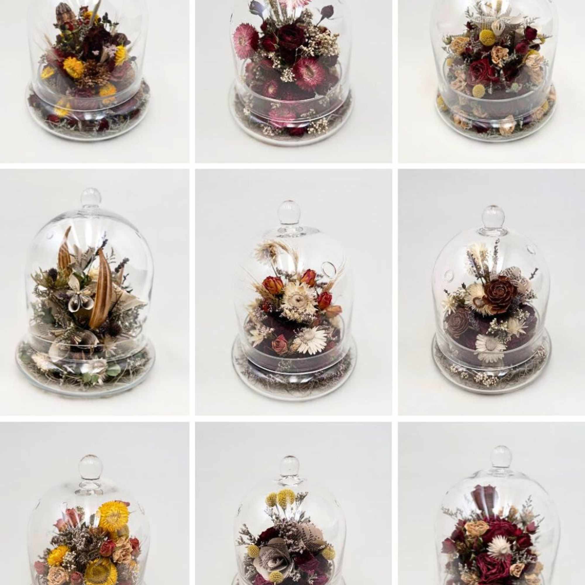 Our Forever Terrariums are made with dried flowers and natural materials. A